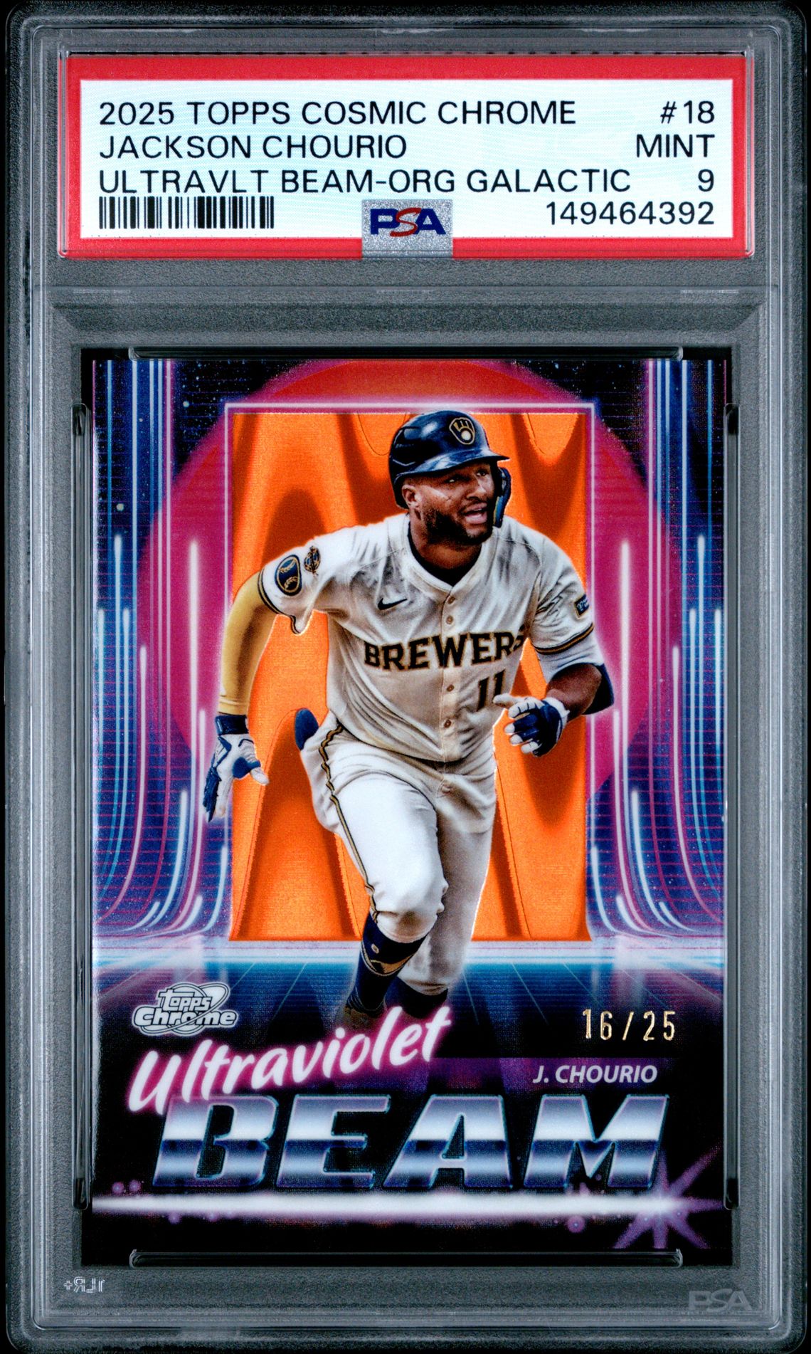 2025 Topps Cosmic Chrome Ultraviolet Beam Jackson Chourio #18 (Ultravlt Beam-Org Galactic) Mint 9 front