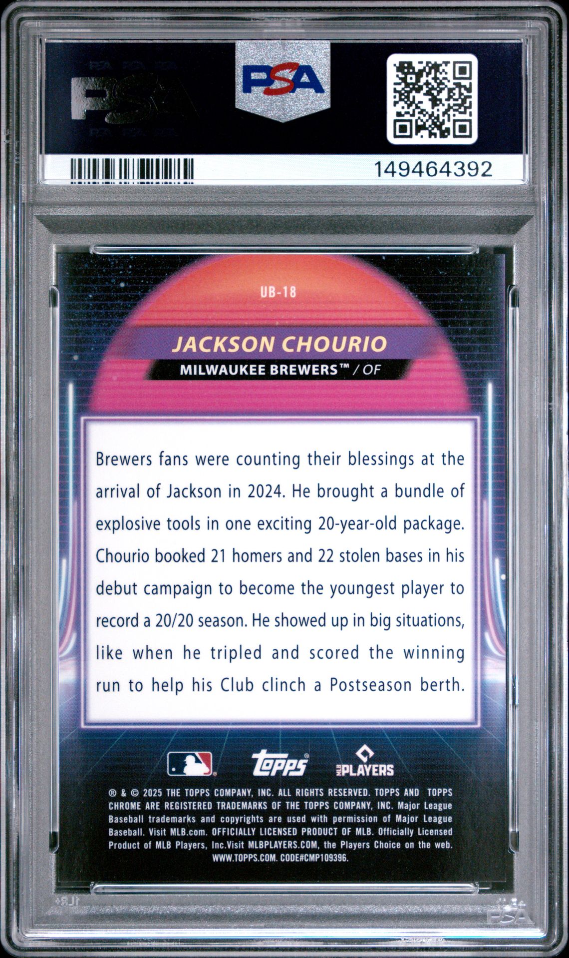 2025 Topps Cosmic Chrome Ultraviolet Beam Jackson Chourio #18 (Ultravlt Beam-Org Galactic) Mint 9 back