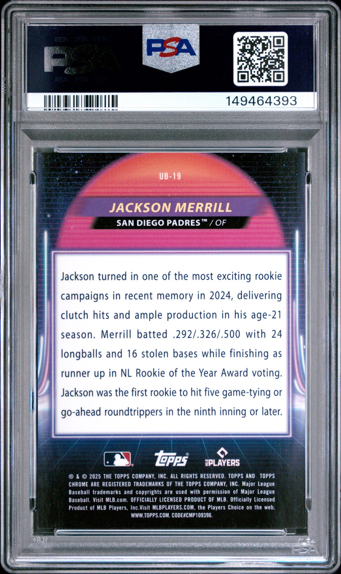 2025 Topps Cosmic Chrome Ultraviolet Beam Jackson Merrill #19 (Ultravlt Bm-Grn Space Dust) Gem Mt 10 back view - PSA certificate #149464393