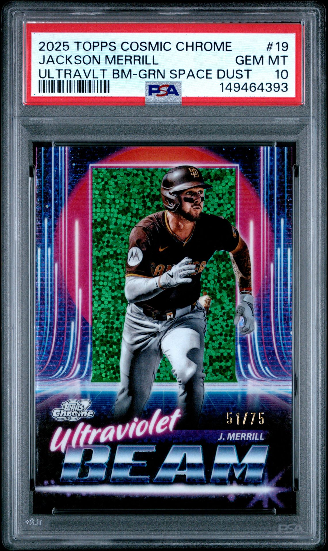 2025 Topps Cosmic Chrome Ultraviolet Beam Jackson Merrill #19 (Ultravlt Bm-Grn Space Dust) Gem Mt 10 front view - PSA graded GEM MT 10