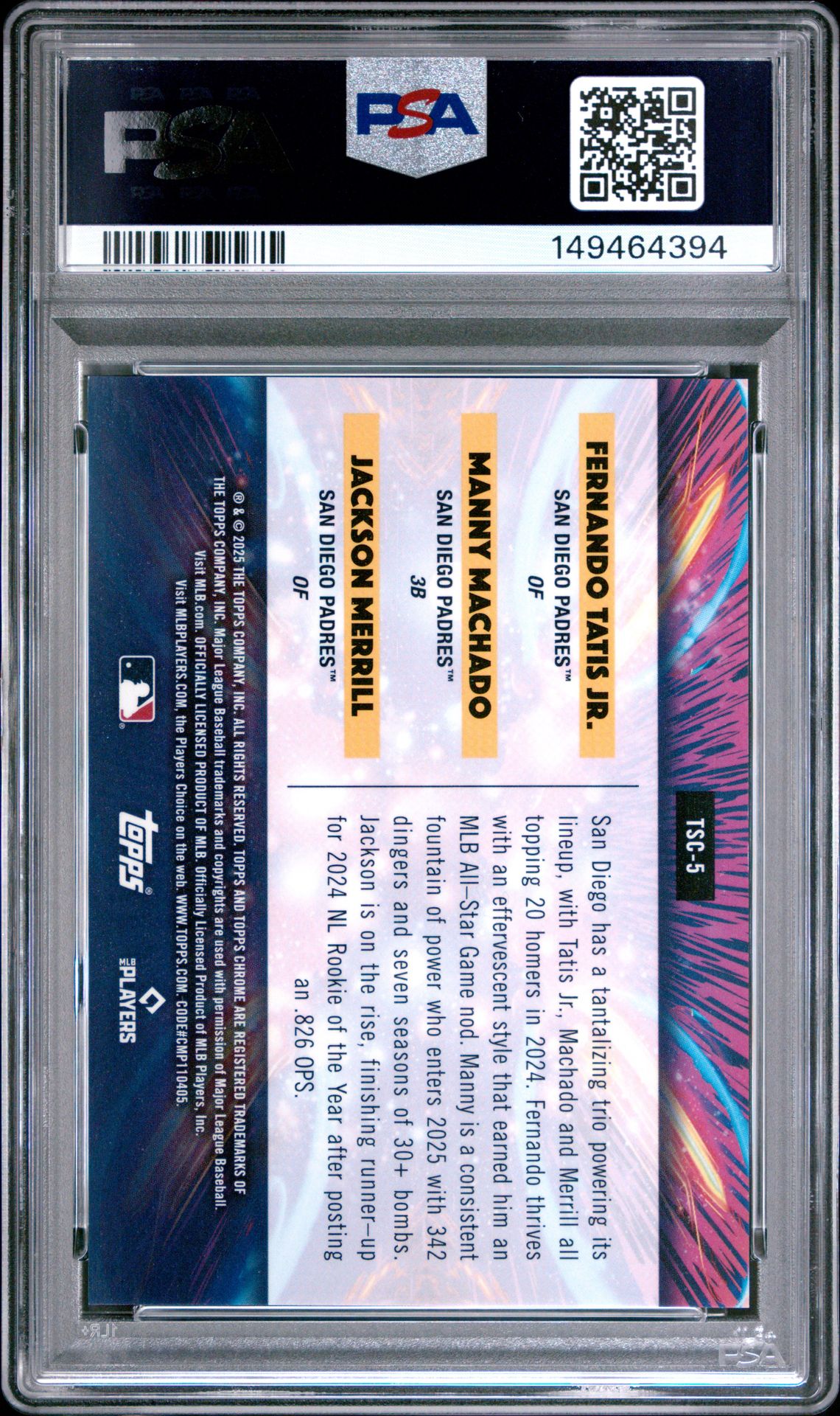 2025 Topps Cosmic Chrome Triple Star Clusters Tatis Jr./Mchd/Merrll #5 (Trp Str Clstrs-Grn Spc Dust) Mint 9 back