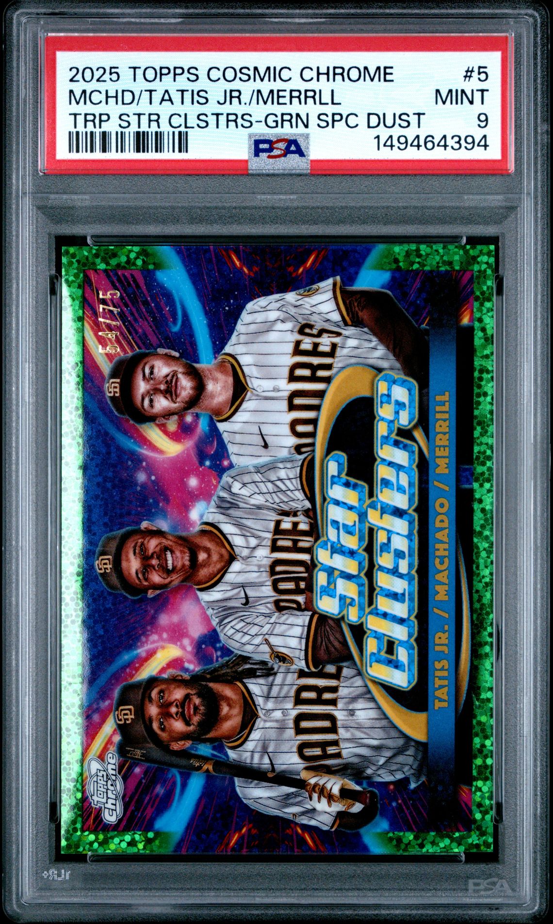 2025 Topps Cosmic Chrome Triple Star Clusters Tatis Jr./Mchd/Merrll #5 (Trp Str Clstrs-Grn Spc Dust) Mint 9 front