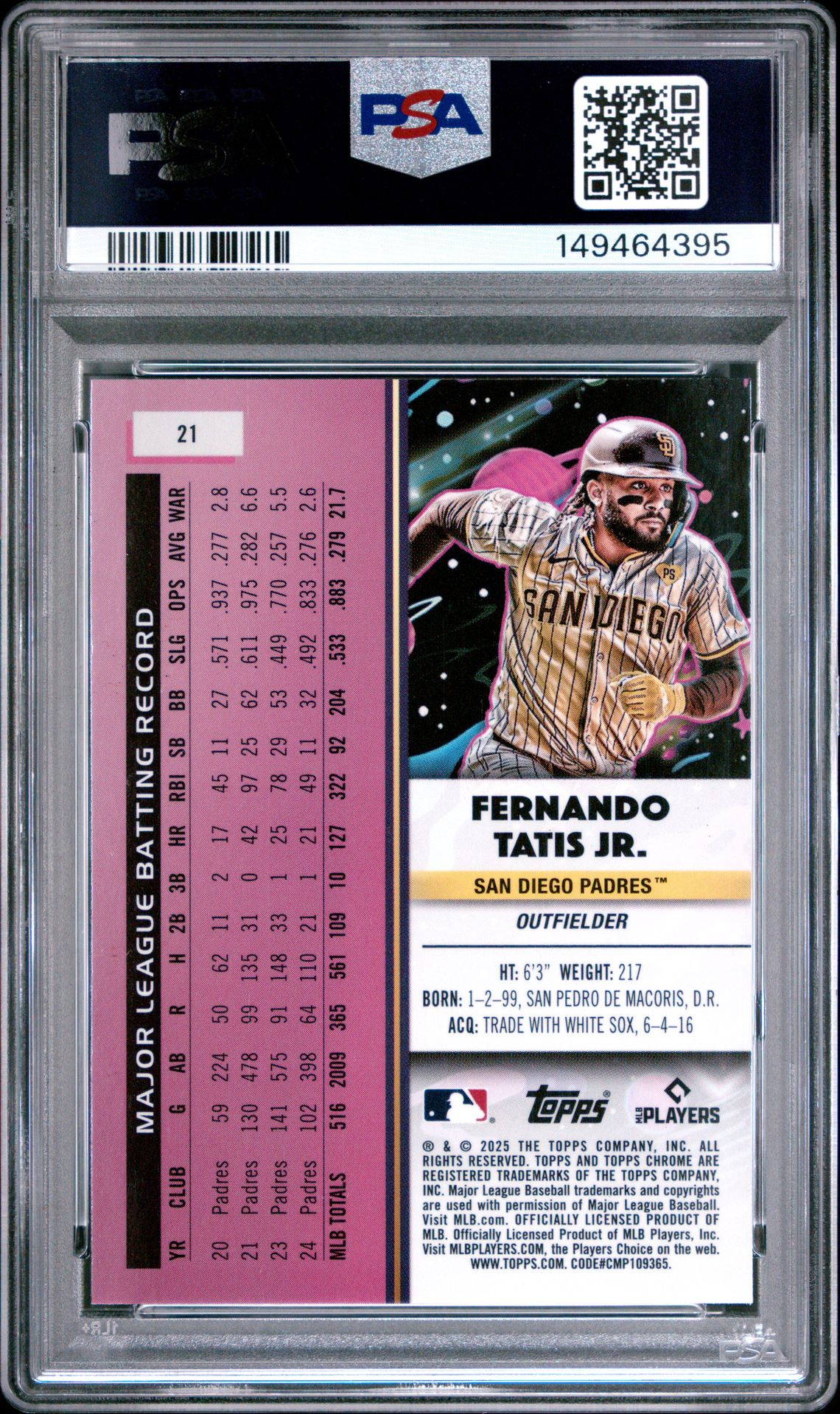 2025 Topps Cosmic Chrome Fernando Tatis Jr. #21 (Blue Moon) Gem Mt 10 back