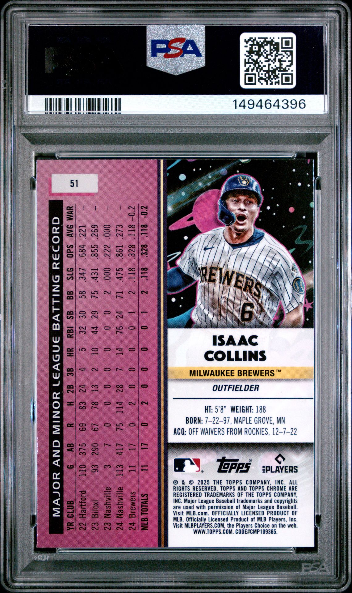 2025 Topps Cosmic Chrome Isaac Collins #51 Gem Mt 10 back view - PSA certificate #149464396