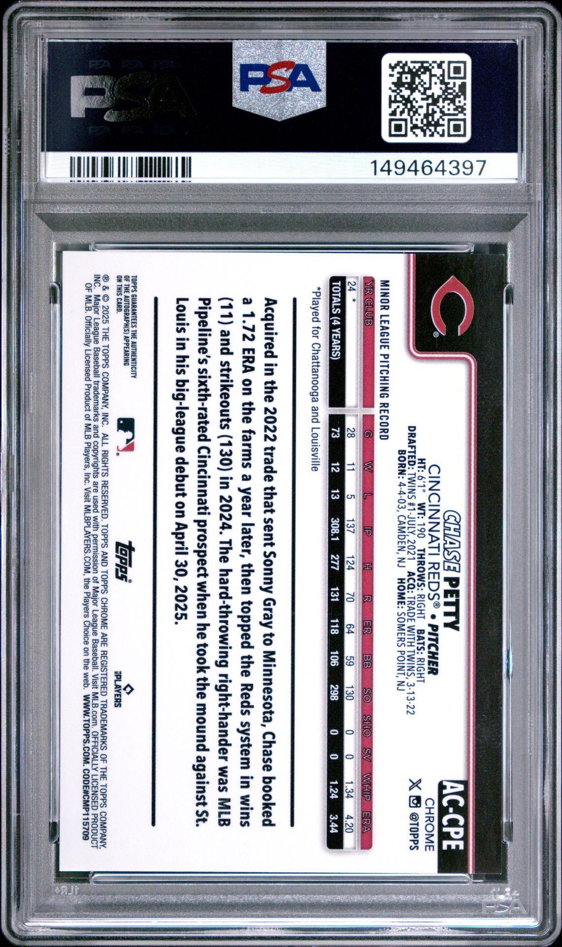 2025 Topps Chrome Update Chrome Update Autographs Chase Petty #Cpe (Chrome Upd Auto-Gold Wave) Gem Mt 10 back view - PSA certificate #149464397