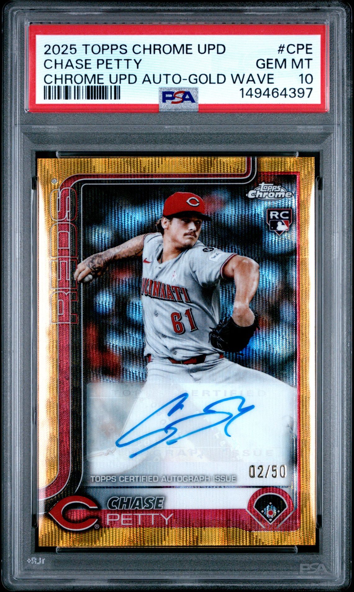 2025 Topps Chrome Update Chrome Update Autographs Chase Petty #Cpe (Chrome Upd Auto-Gold Wave) Gem Mt 10 front view - PSA graded GEM MT 10