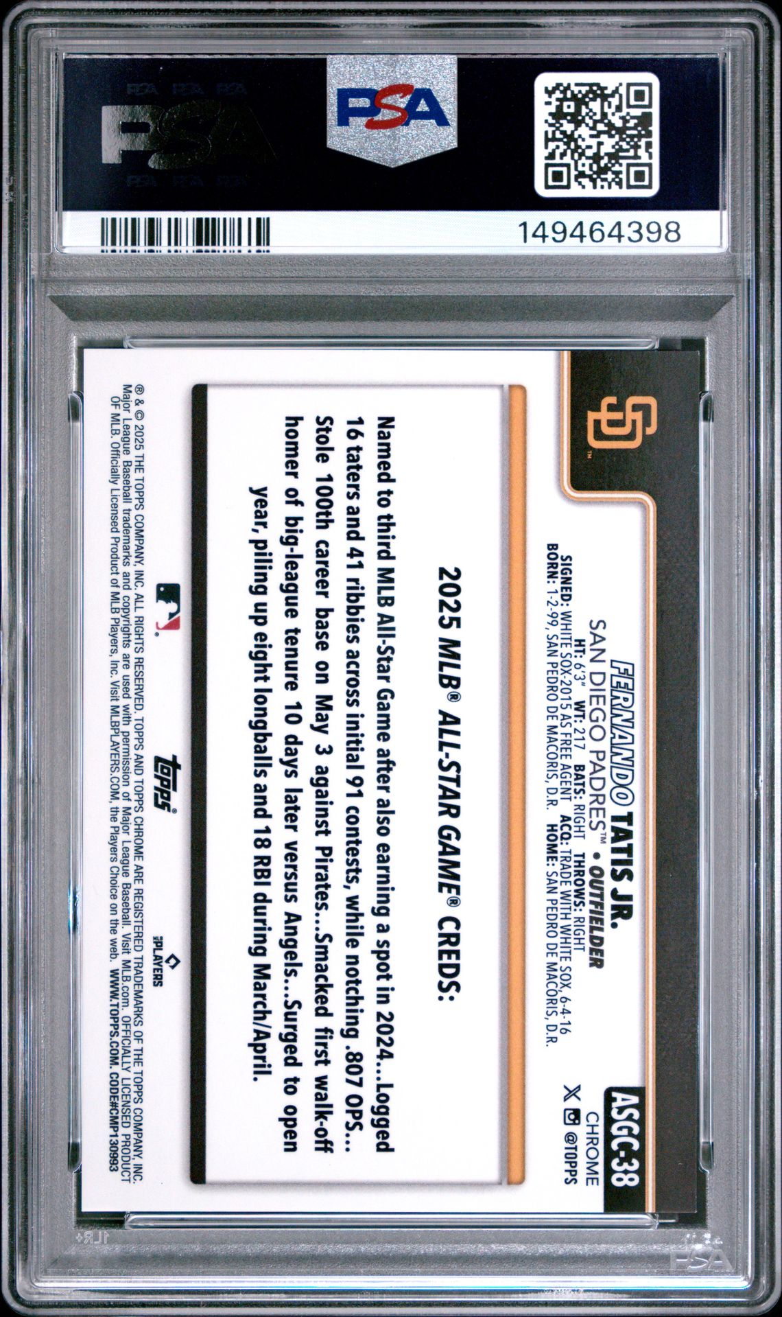 2025 Topps Chrome Update 2025 All Star Game Fernando Tatis Jr. #38 (2025 A/S Game-Var-Gold Ref) Mint 9 back