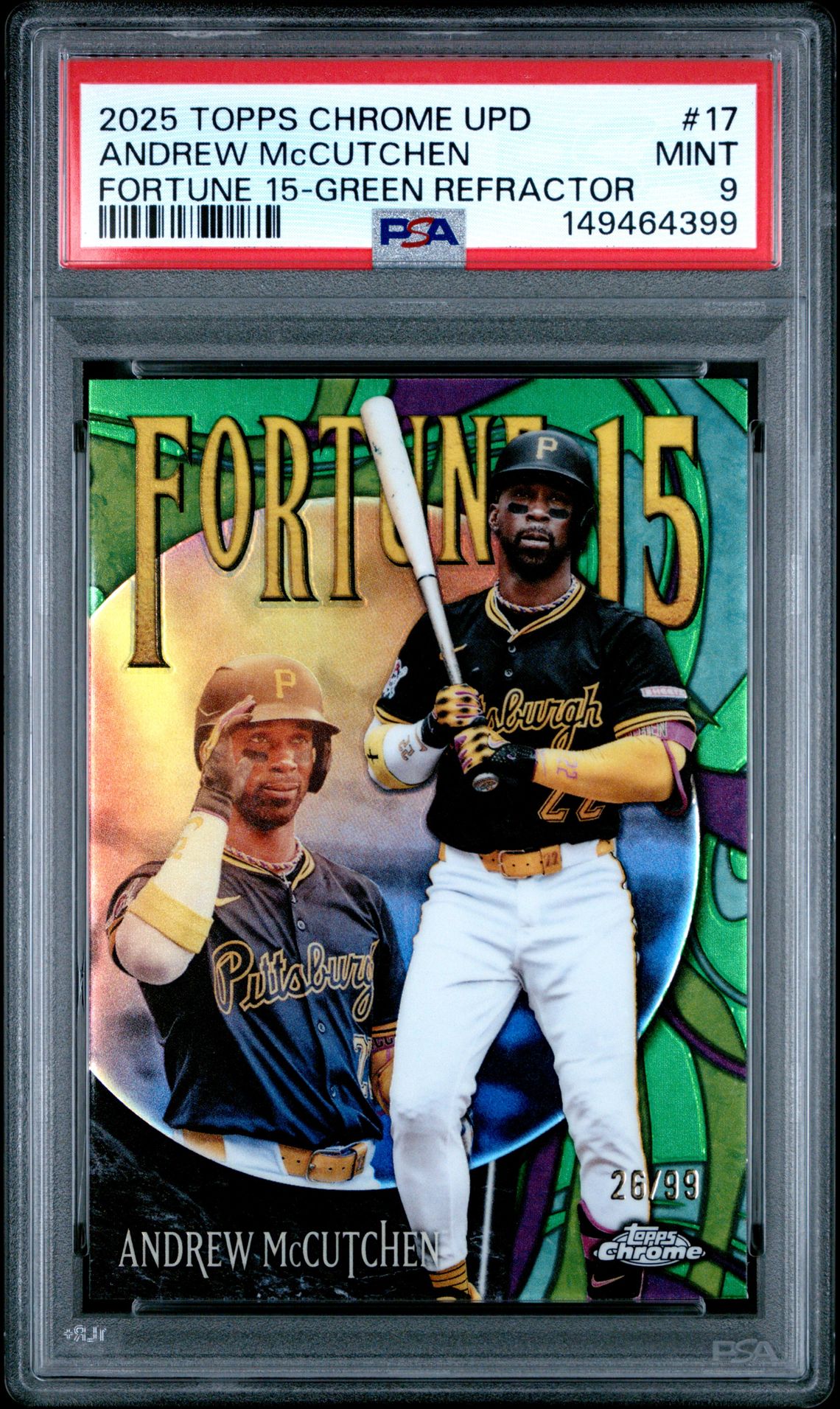 2025 Topps Chrome Update Fortune 15 Andrew Mccutchen #17 (Fortune 15-Green Refractor) Mint 9 front