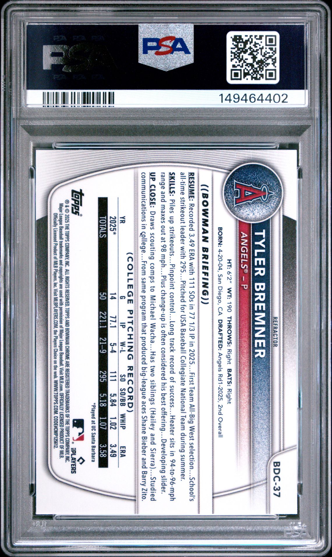 2025 Bowman Draft Tyler Bremner #Bdc-37 (Chrome-Refractor) Mint 9 back