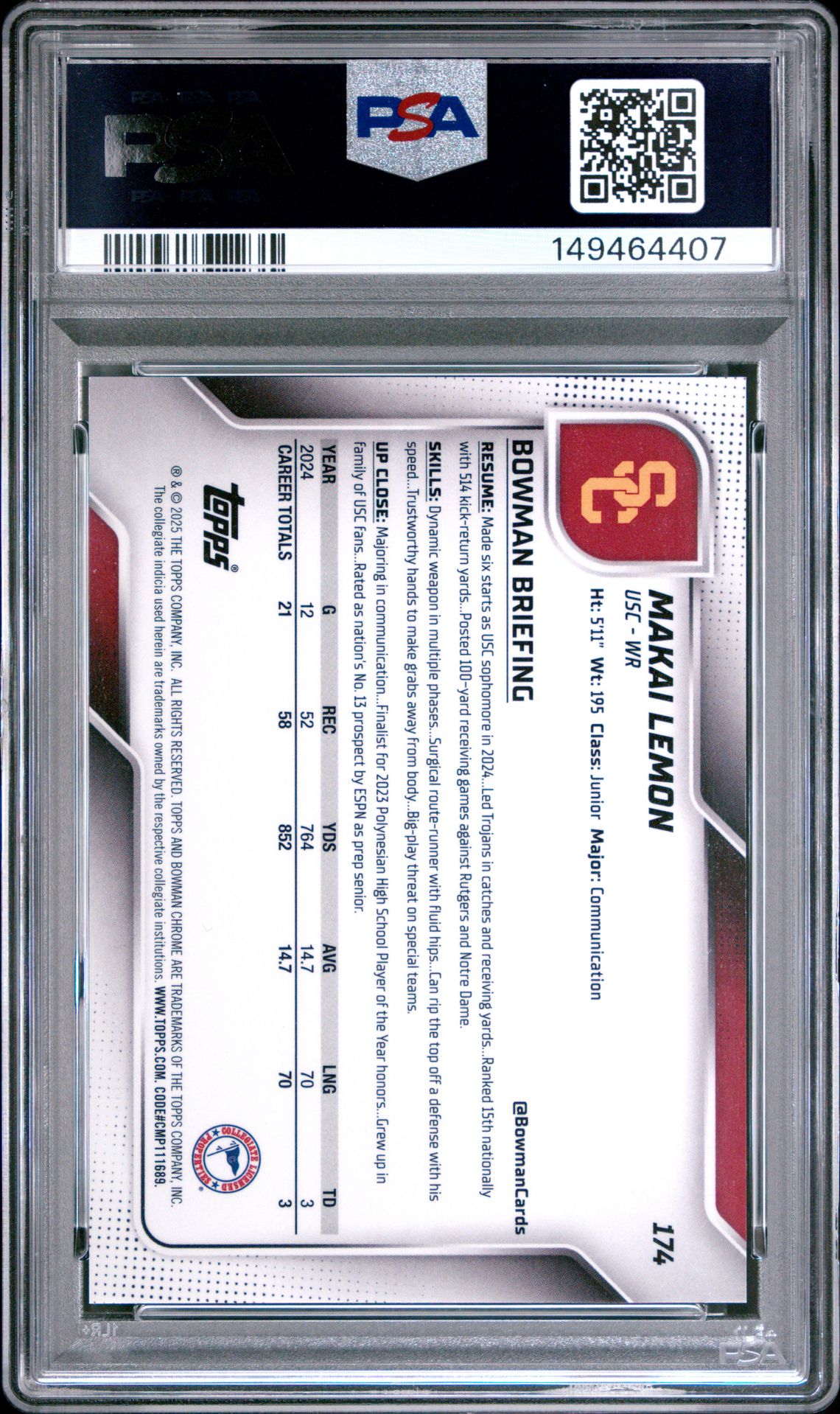 2025 Bowman University Chrome Sapphire Makai Lemon #174 (Gold) Mint 9 back