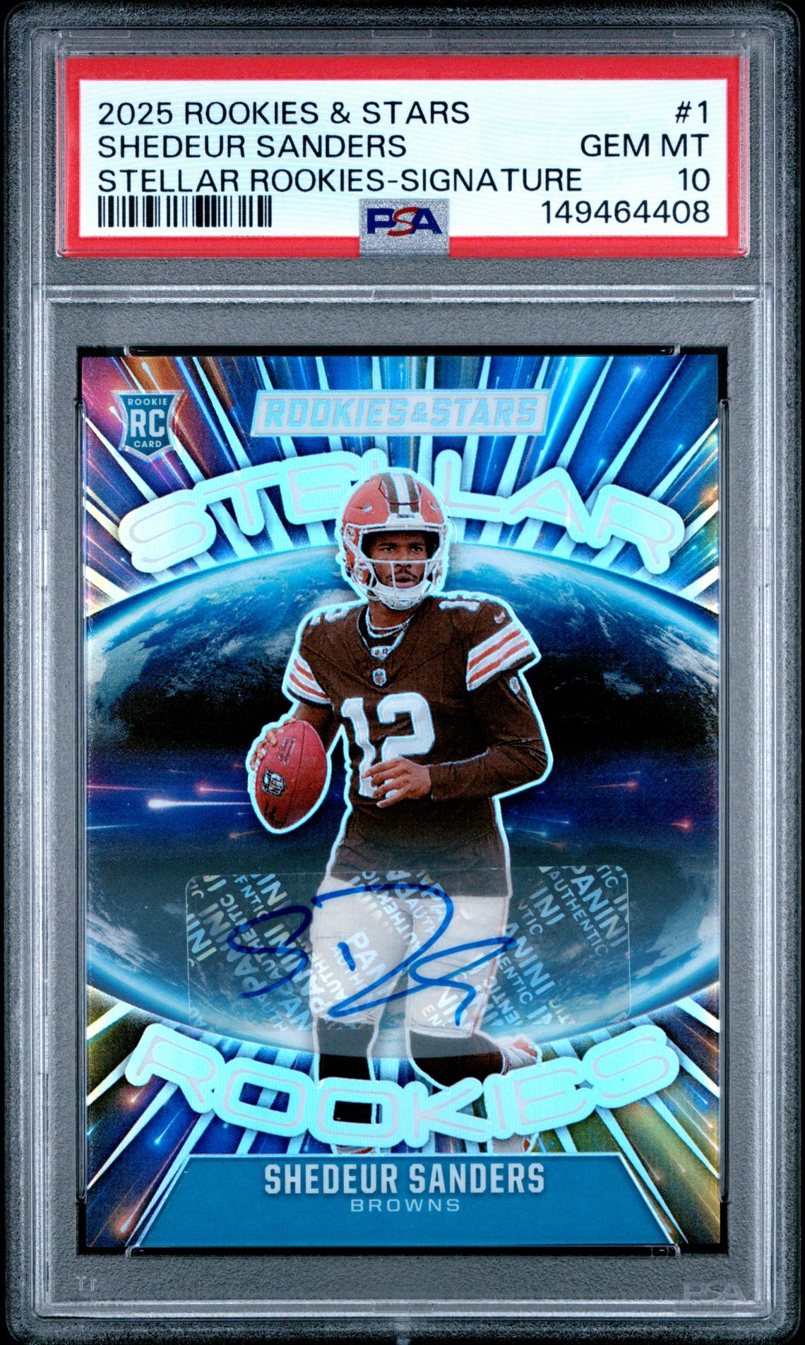 2025 Panini Rookies & Stars Stellar Rookies Shedeur Sanders #1 (Stellar Rookies-Signature) Gem Mt 10 front view - PSA graded GEM MT 10