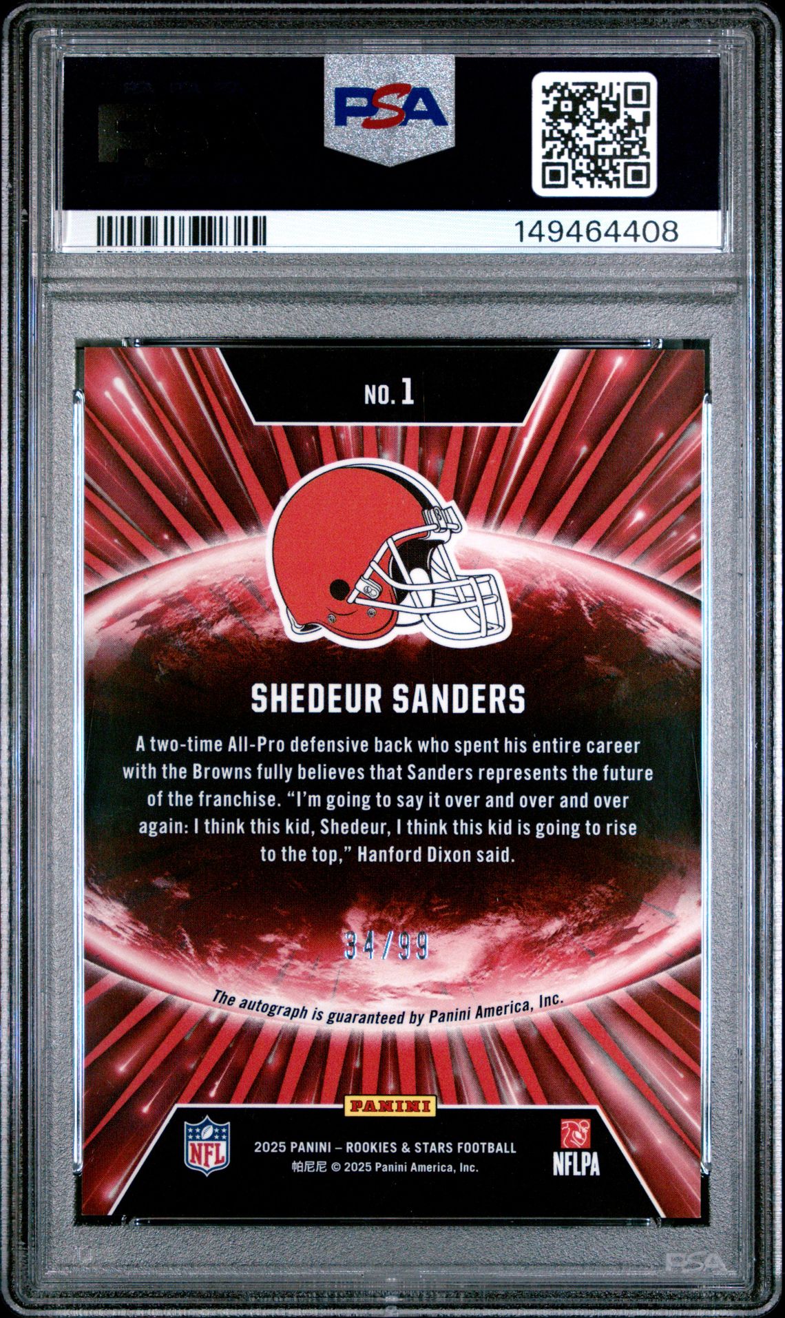 2025 Panini Rookies & Stars Stellar Rookies Shedeur Sanders #1 (Stellar Rookies-Signature) Gem Mt 10 back view - PSA certificate #149464408