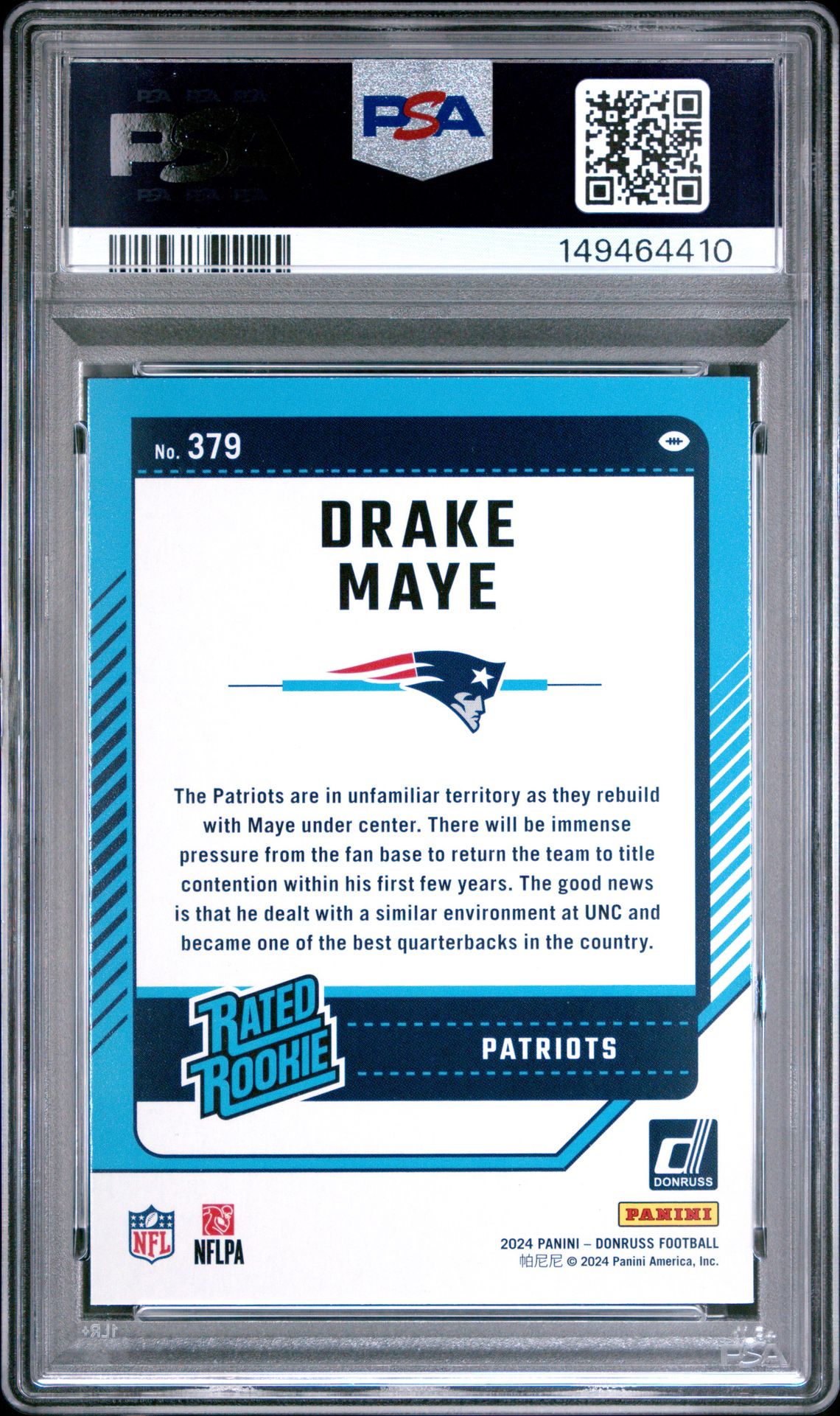 2024 Panini Donruss Drake Maye #379 Gem Mt 10 back view - PSA certificate #149464410