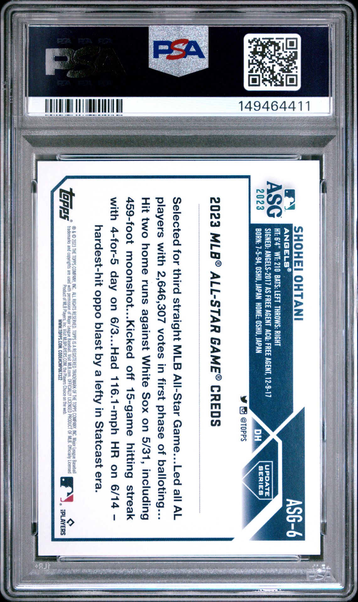 2023 Topps Update 2023 All-Star Game Shohei Ohtani #Asg6 (All-Star Game) Mint 9 back
