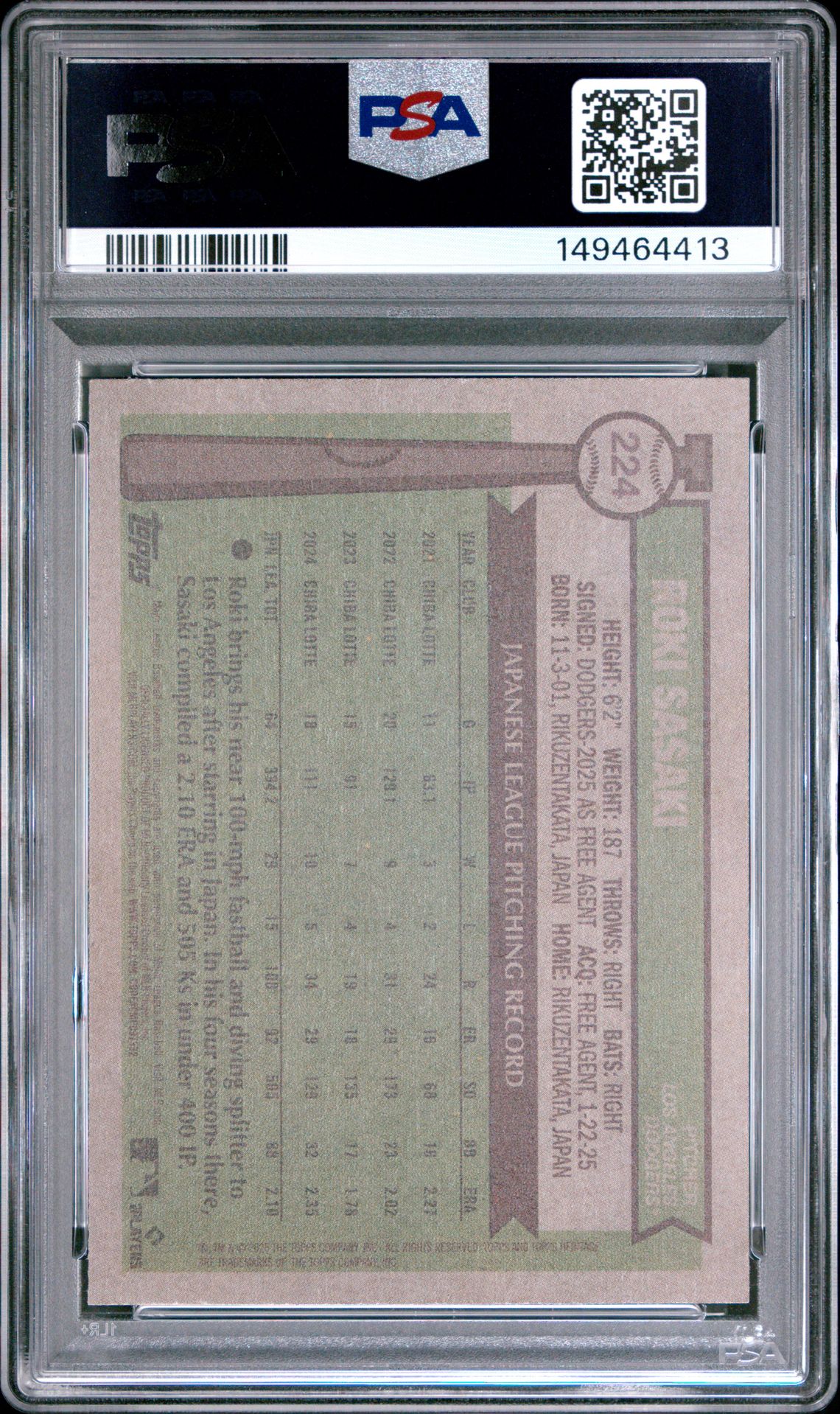 2025 Topps Heritage Roki Sasaki #224 Gem Mt 10 back view - PSA certificate #149464413