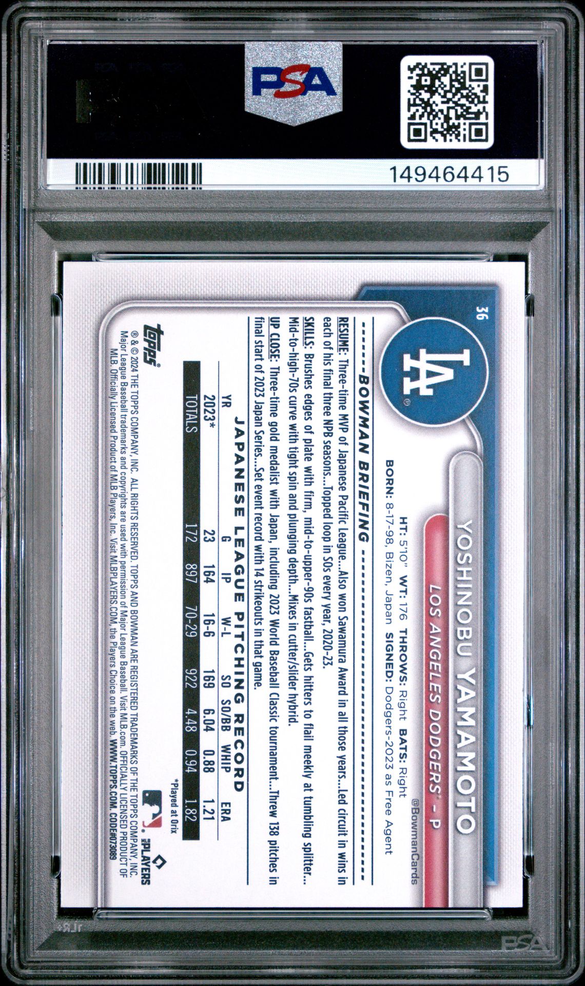 2024 Bowman Yoshinobu Yamamoto #36 Gem Mt 10 back view - PSA certificate #149464415