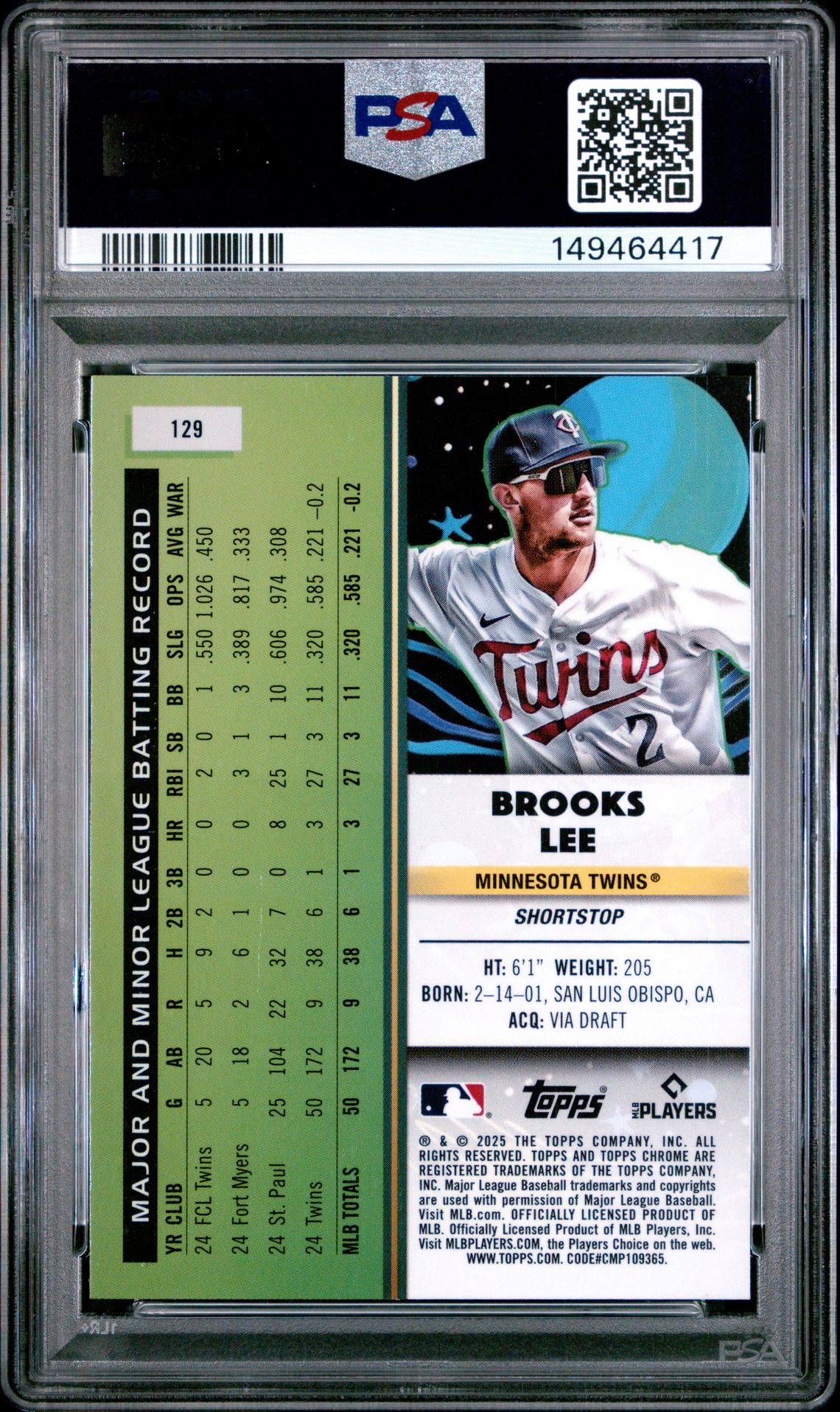 2025 Topps Cosmic Chrome Brooks Lee #129 (Green Space Dust) Gem Mt 10 back view - PSA certificate #149464417