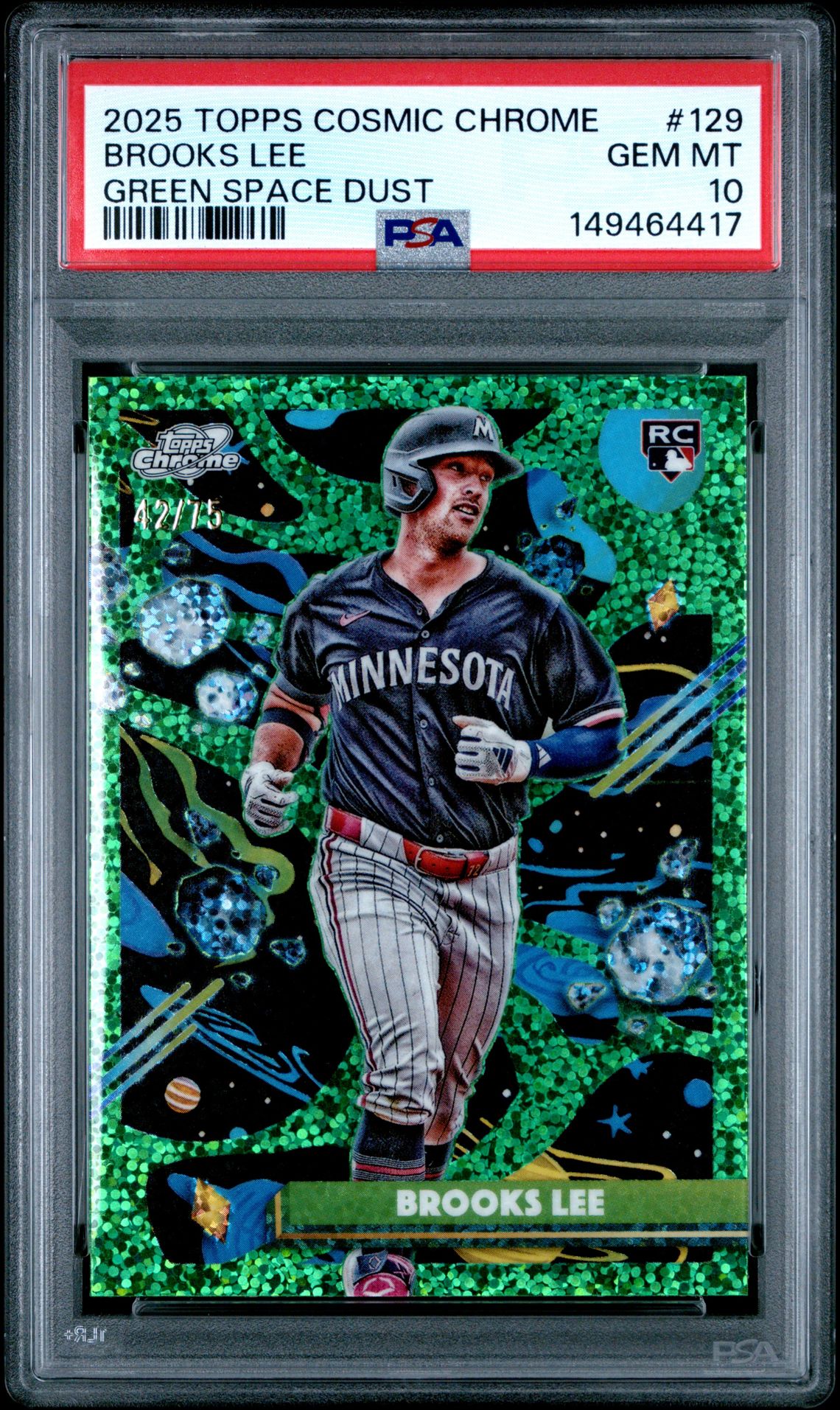 2025 Topps Cosmic Chrome Brooks Lee #129 (Green Space Dust) Gem Mt 10 front view - PSA graded GEM MT 10