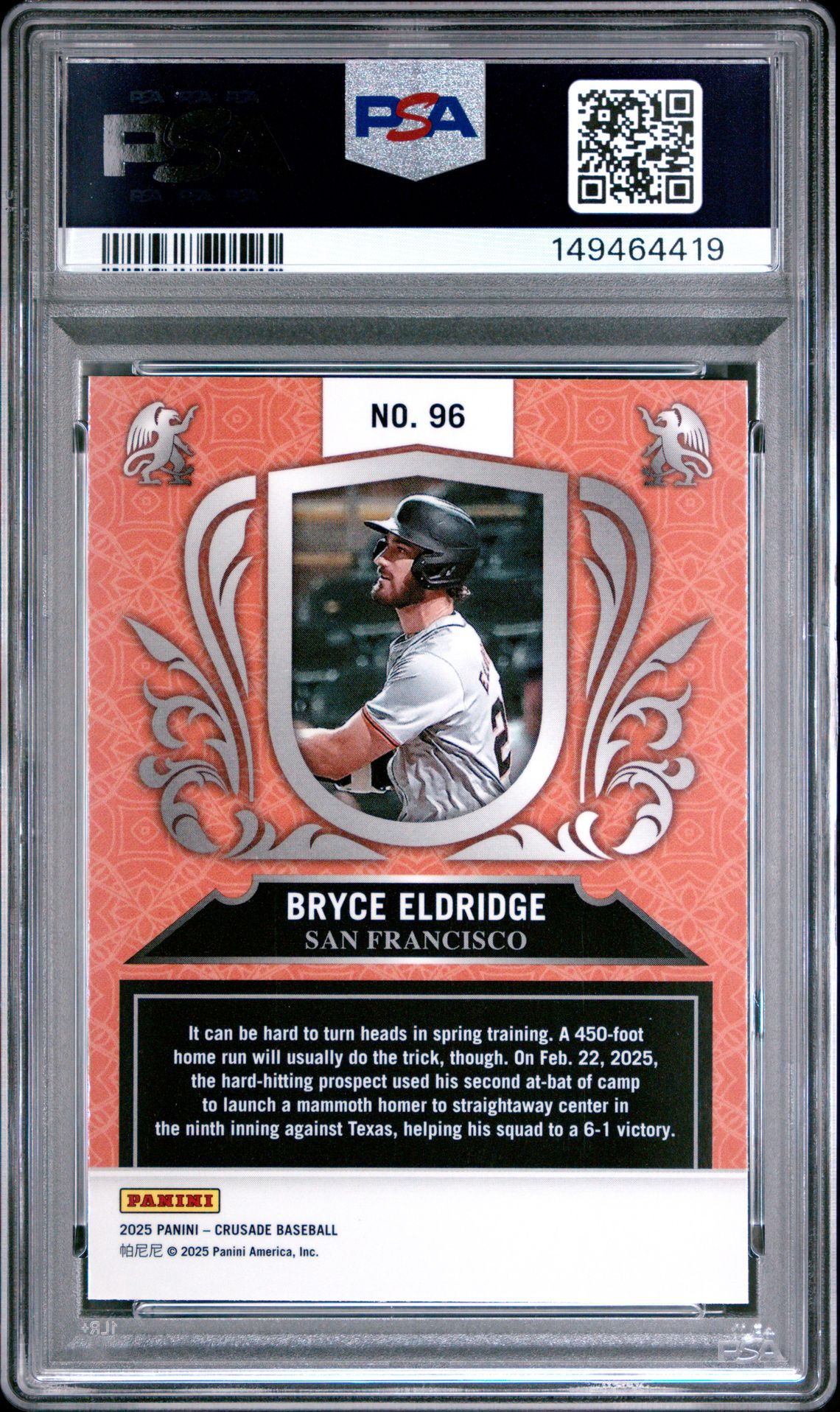 2025 Panini Crusade Crusade Inserts Bryce Eldridge #96 (Insert-Blue Mojo) Gem Mt 10 back view - PSA certificate #149464419