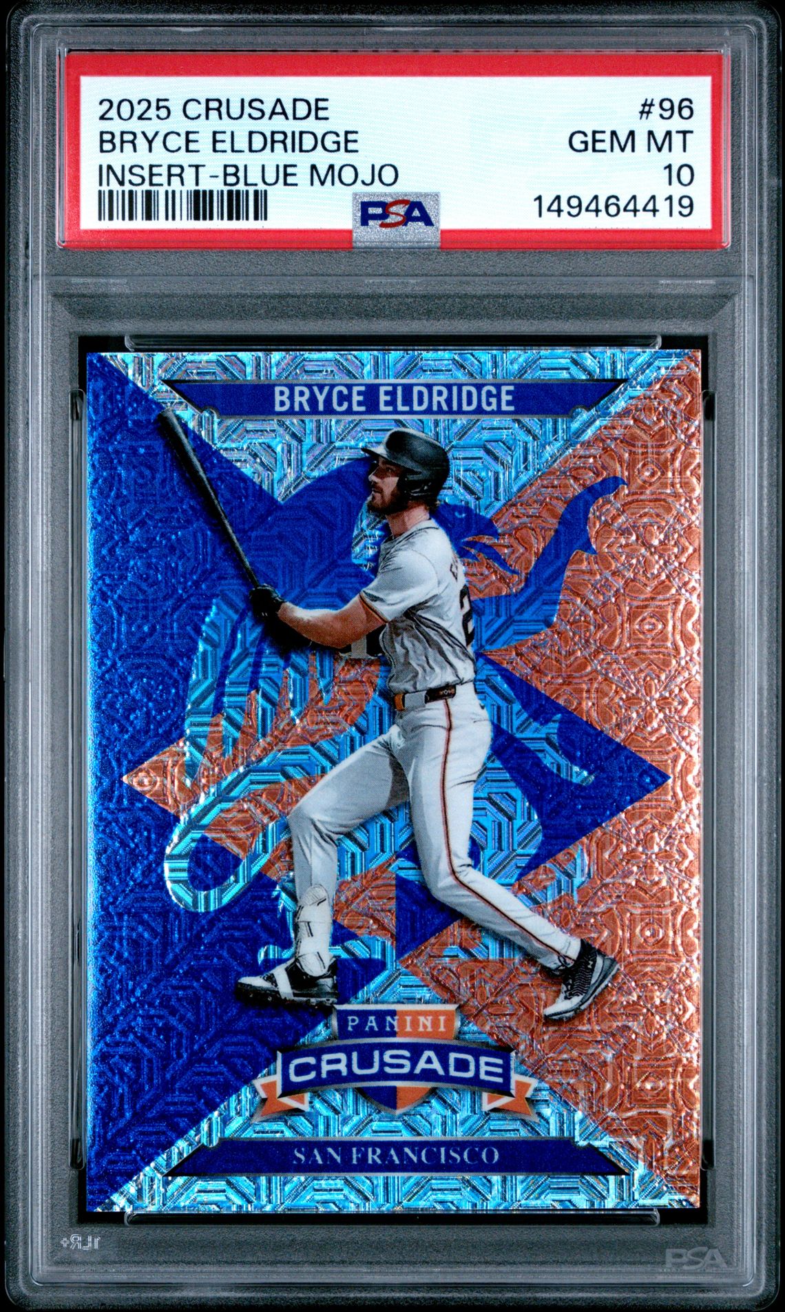 2025 Panini Crusade Crusade Inserts Bryce Eldridge #96 (Insert-Blue Mojo) Gem Mt 10 front view - PSA graded GEM MT 10