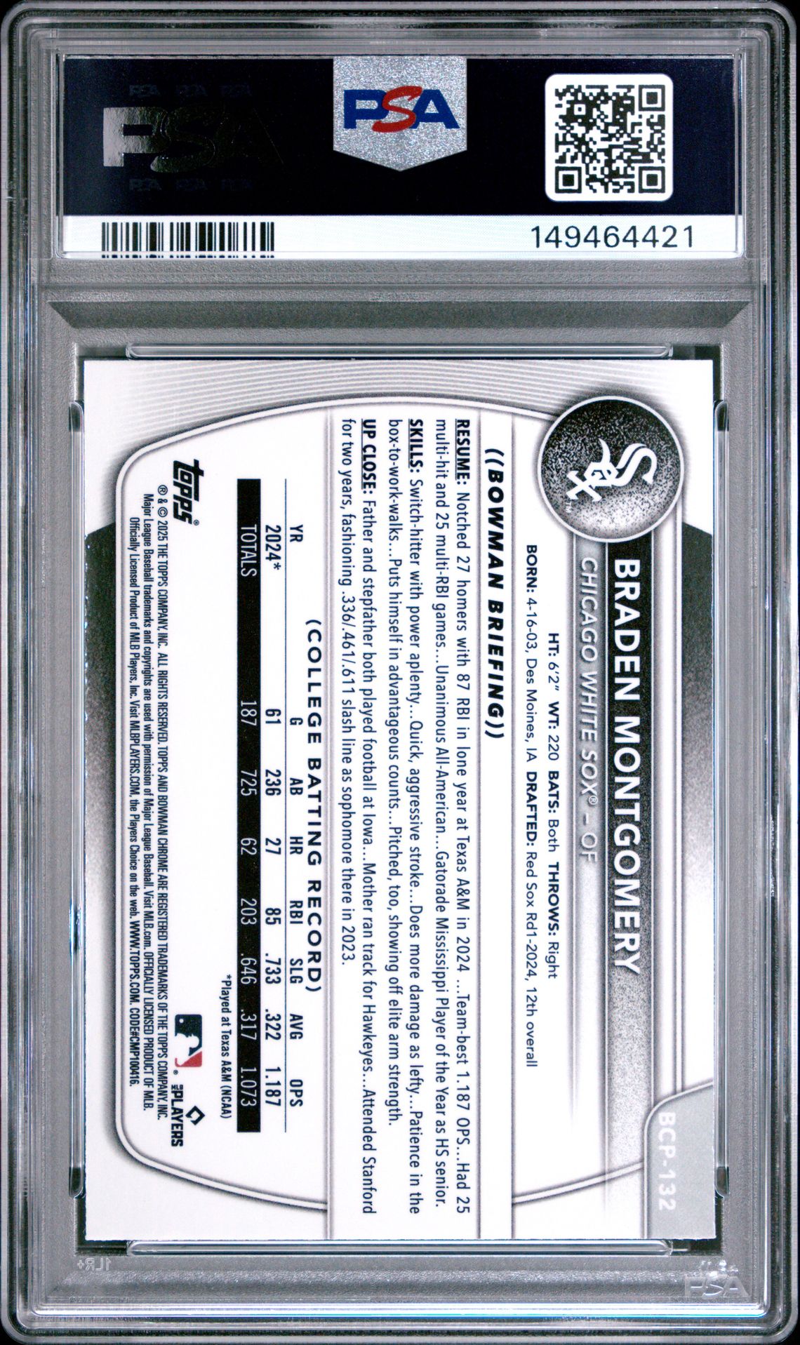 2025 Bowman Chrome Prospects Braden Montgomery #Bcp132 (Chrome Pros-Green Ref) Mint 9 back