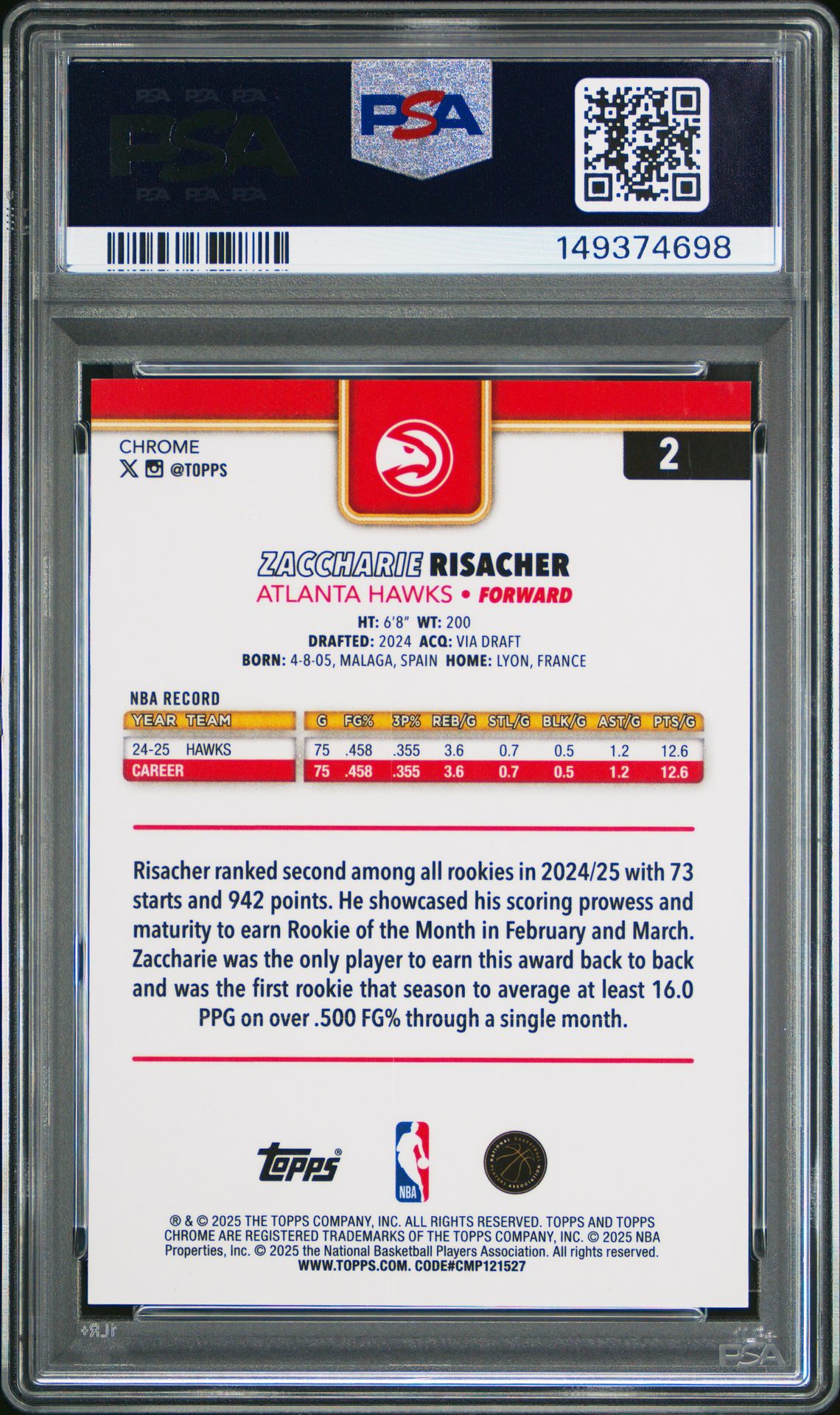 2025 Topps Chrome Zaccharie Risacher #2 (Gold Refractor) Nm-Mt 8 back