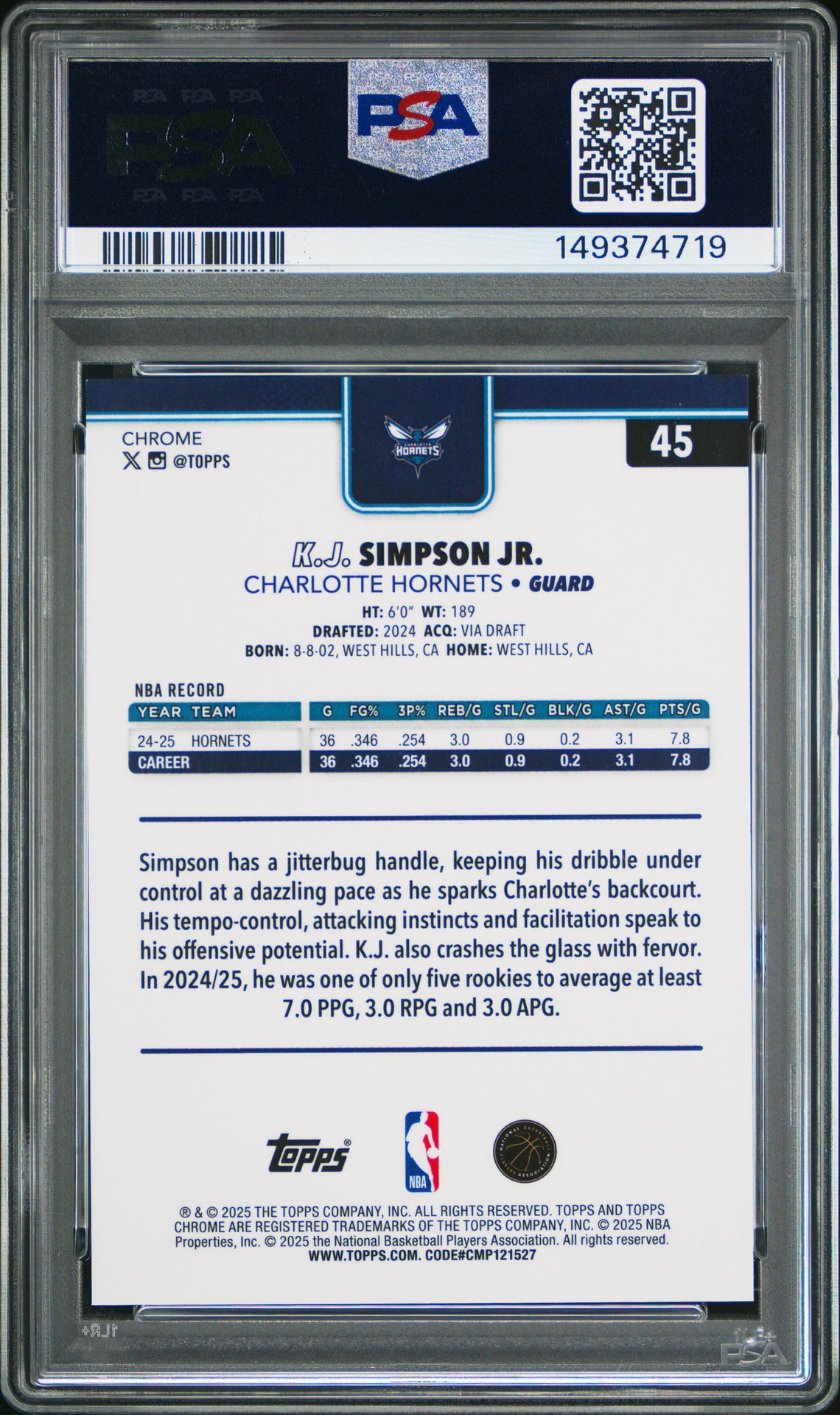 2025 Topps Chrome Kj Simpson Jr. #45 (Gold Refractor) Mint 9 back