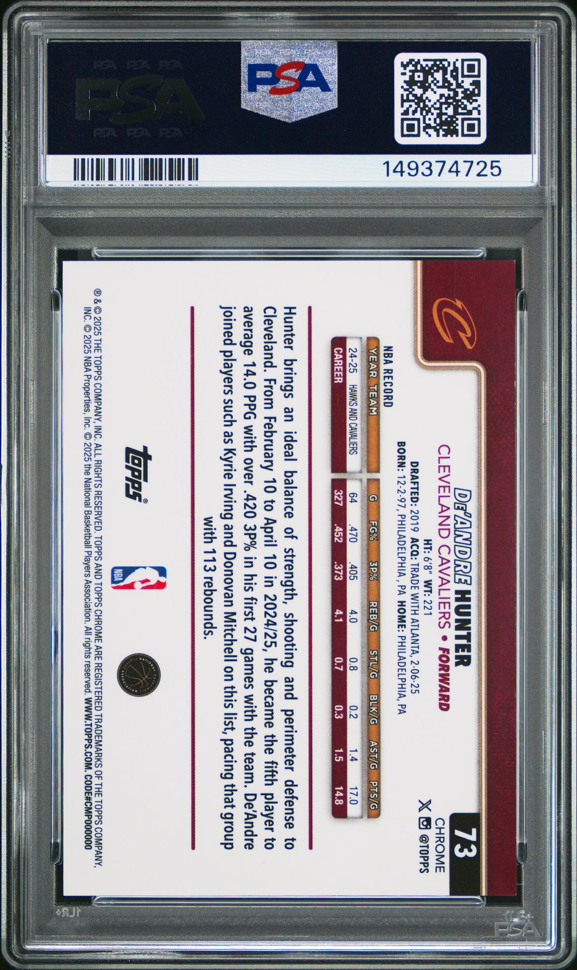 2025 Topps Chrome De'andre Hunter #73 (Gold Refractor) Mint 9 back