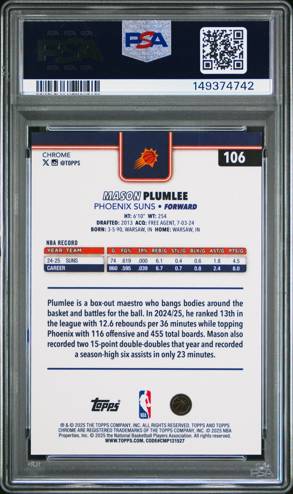 2025 Topps Chrome Mason Plumlee #106 (Gold Refractor) Nm-Mt 8 back