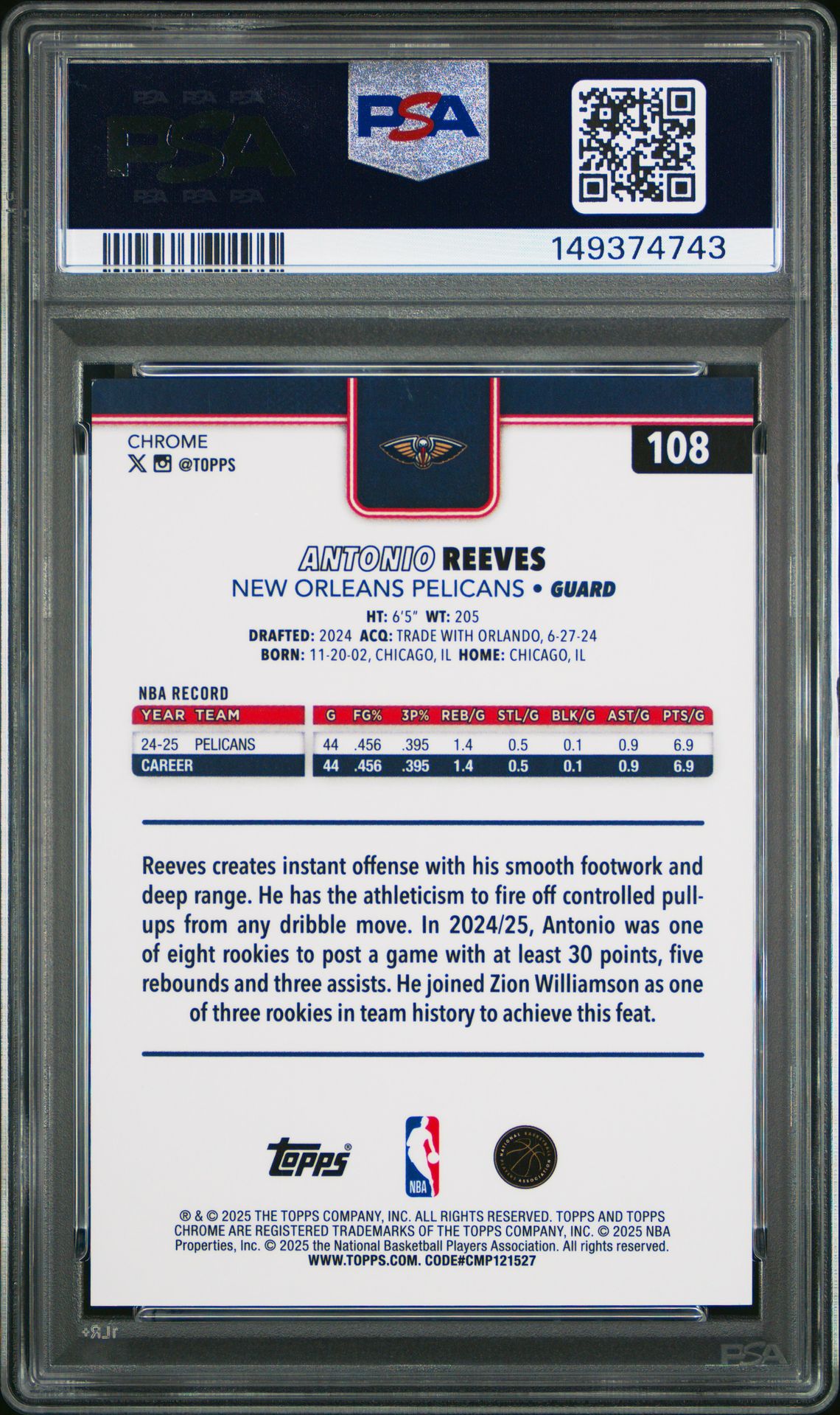 2025 Topps Chrome Antonio Reeves #108 (Gold Refractor) Nm-Mt+ 8.5 back