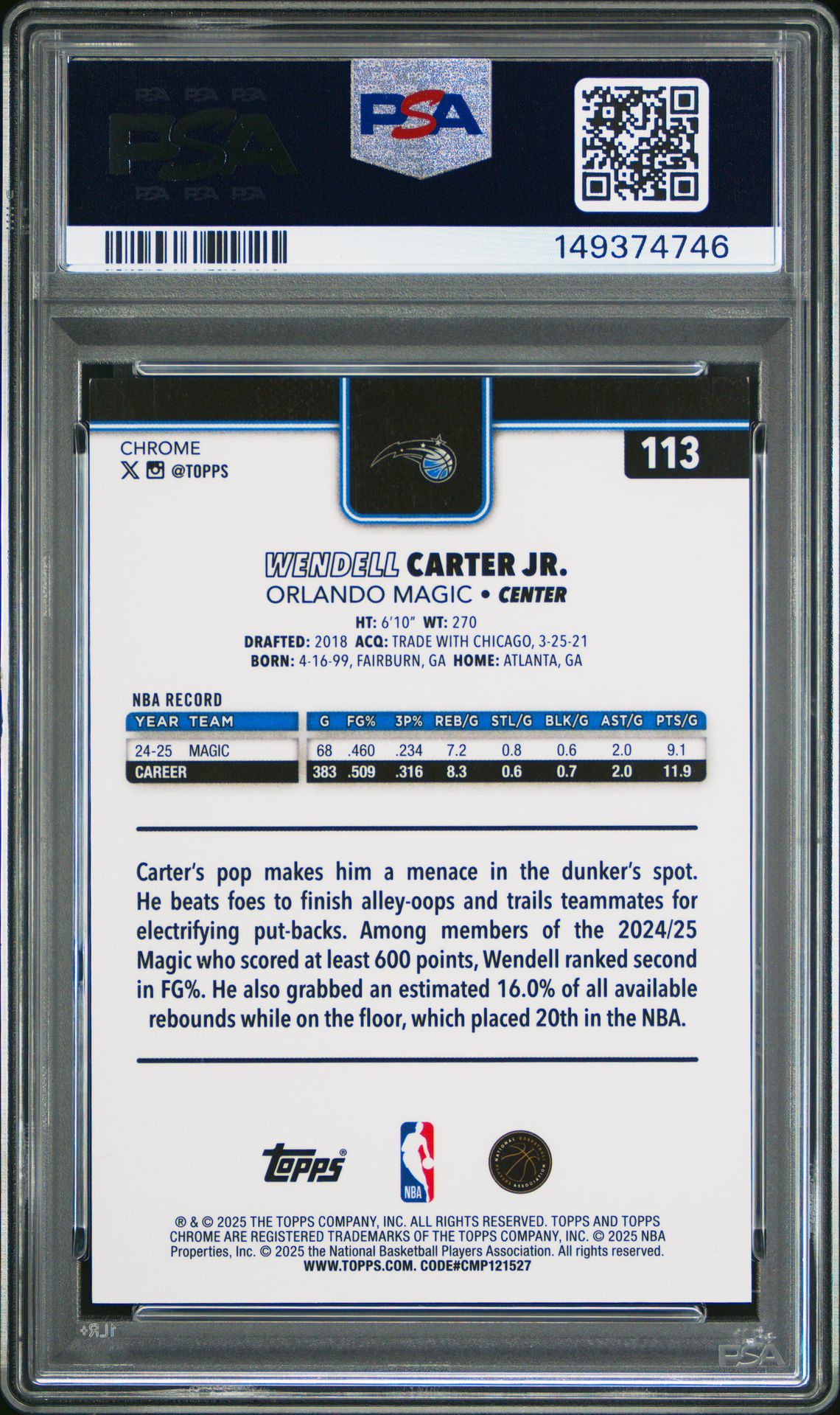 2025 Topps Chrome Wendell Carter Jr. #113 (Gold Refractor) Mint 9 back