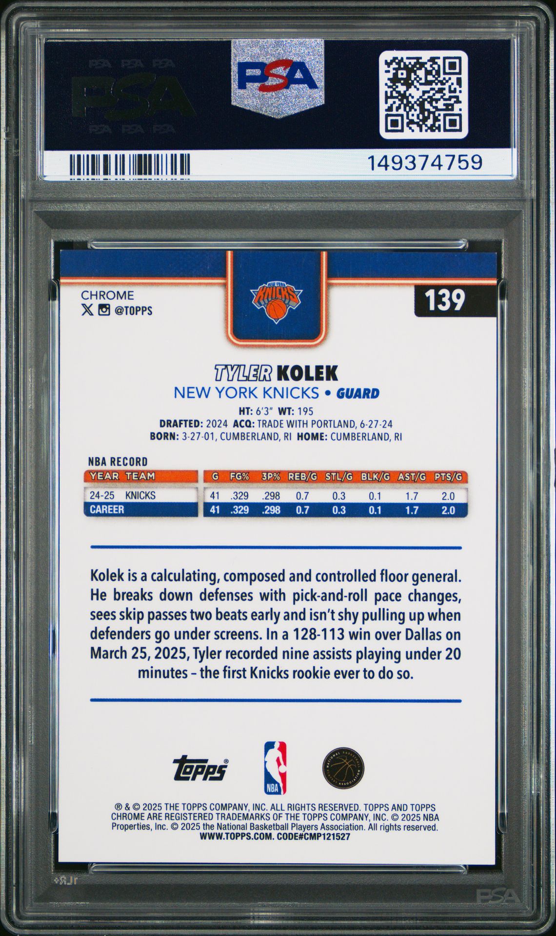 2025 Topps Chrome Tyler Kolek #139 (Gold Refractor) Mint 9 back