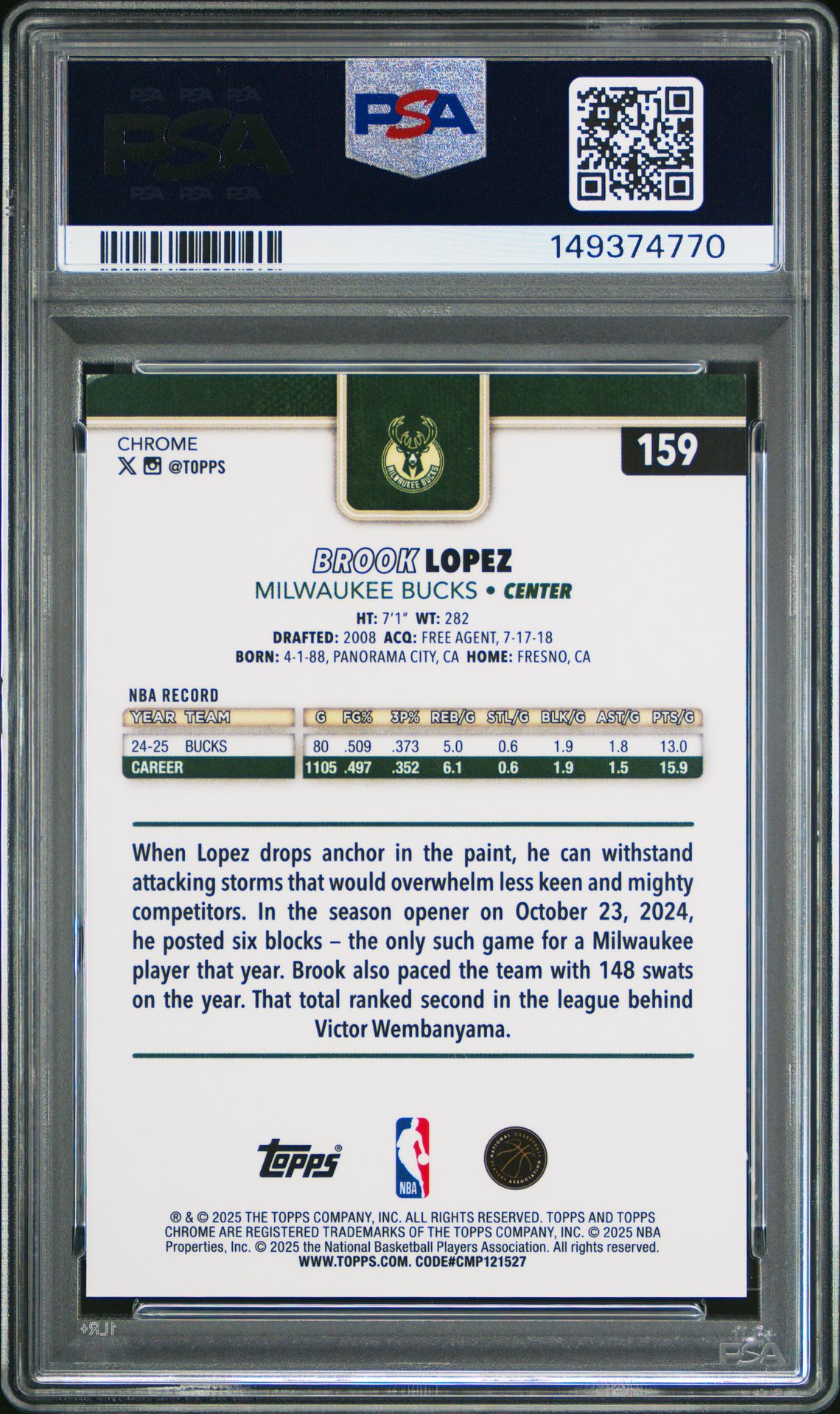 2025 Topps Chrome Brook Lopez #159 (Gold Refractor) Nm-Mt 8 back