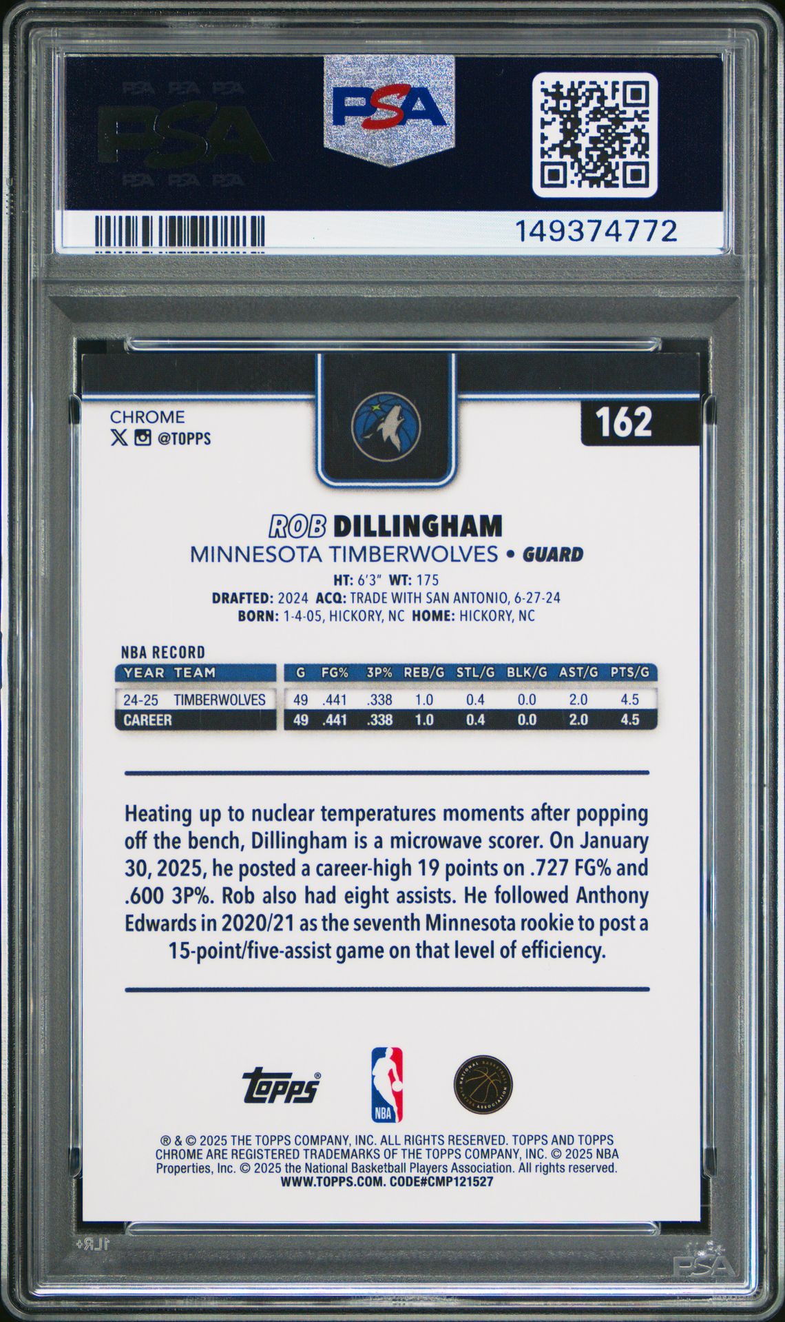2025 Topps Chrome Rob Dillingham #162 (Gold Refractor) Nm-Mt+ 8.5 back