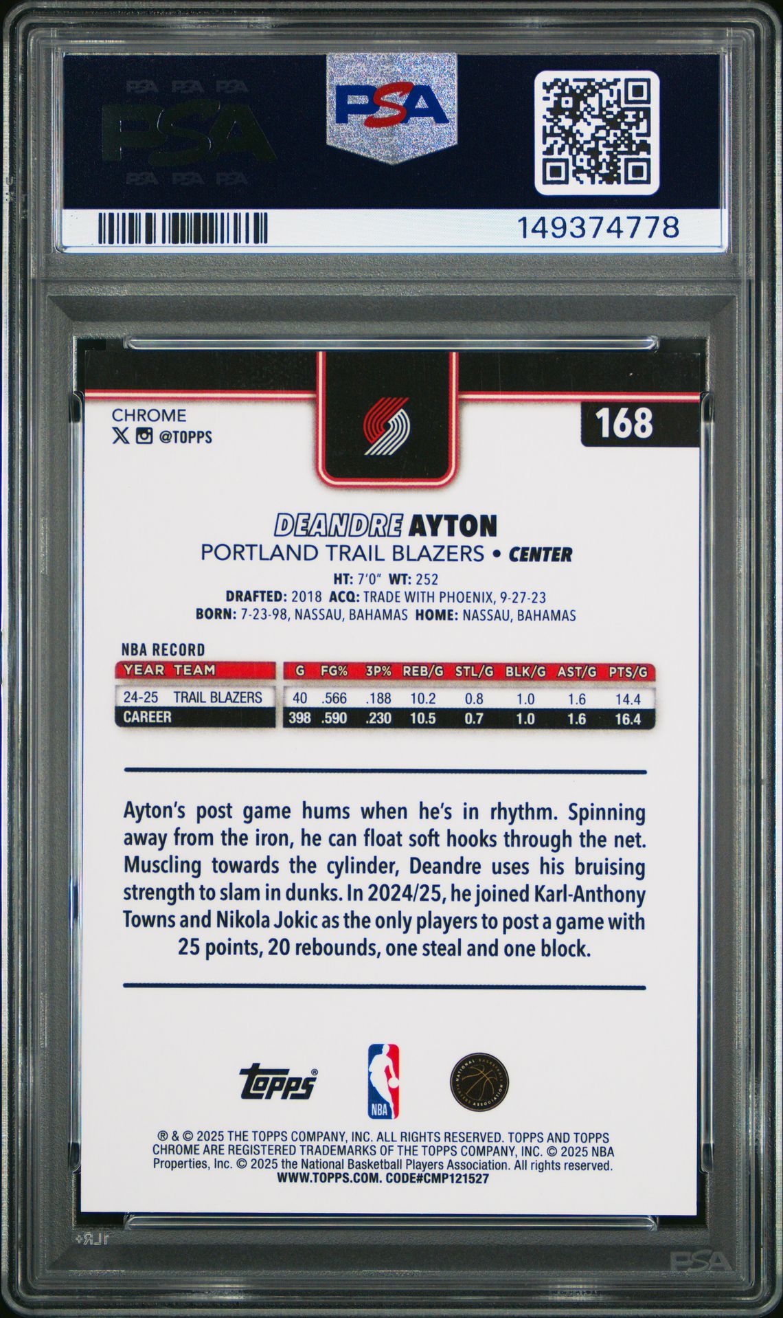 2025 Topps Chrome Deandre Ayton #168 (Gold Refractor) Mint 9 back