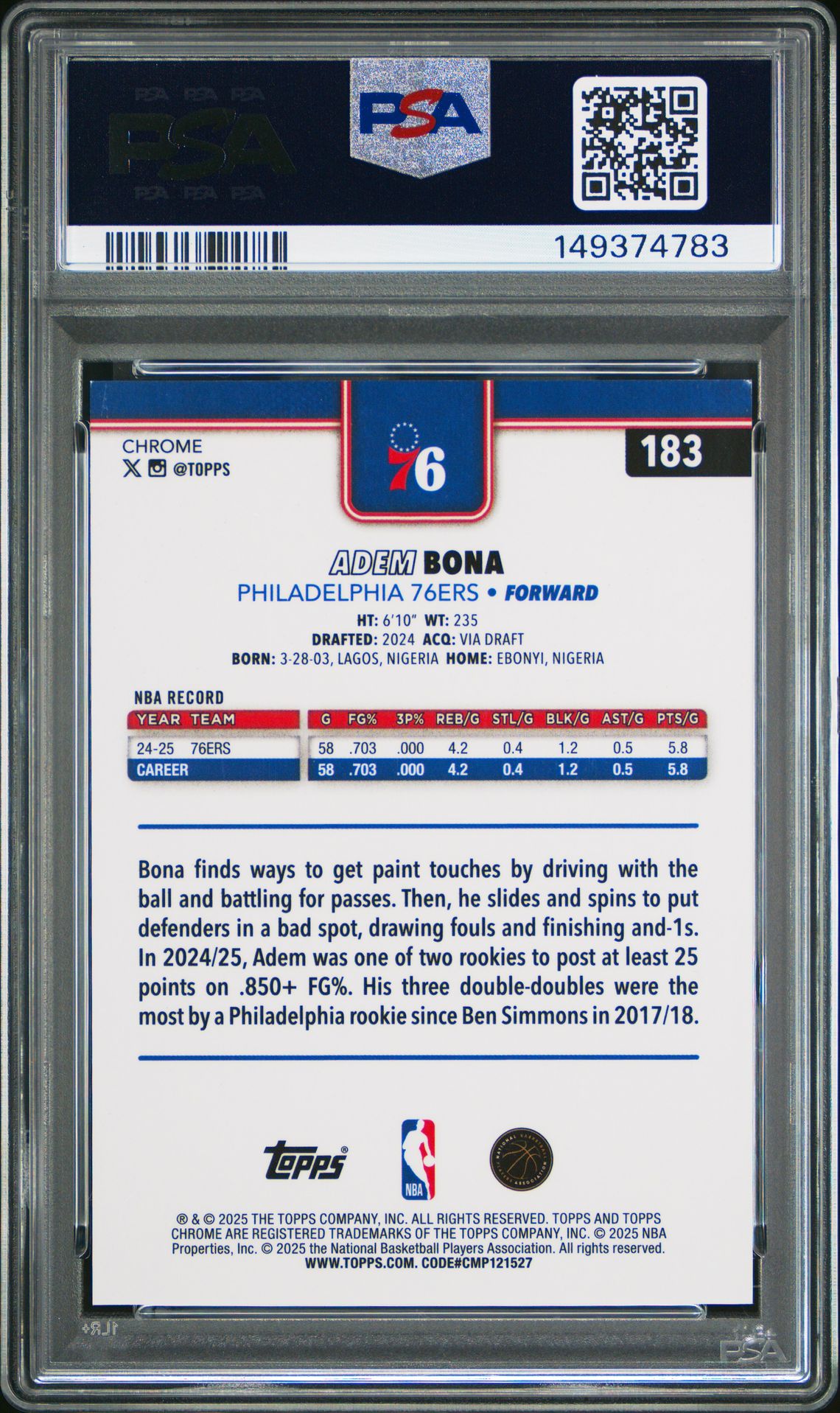 2025 Topps Chrome Adem Bona #183 (Gold Refractor) Mint 9 back