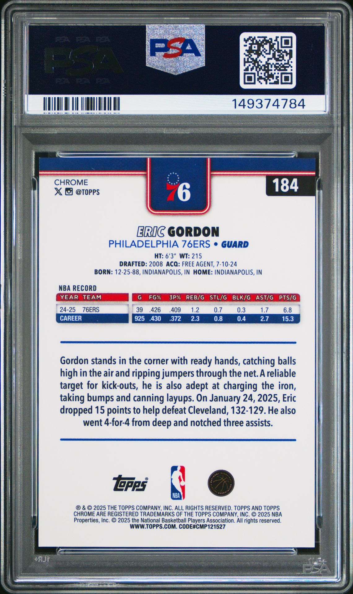 2025 Topps Chrome Eric Gordon #184 (Gold Refractor) Mint 9 back