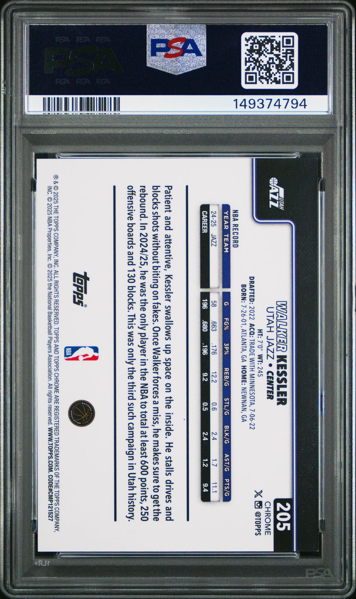 2025 Topps Chrome Walker Kessler #205 (Gold Refractor) Mint 9 back