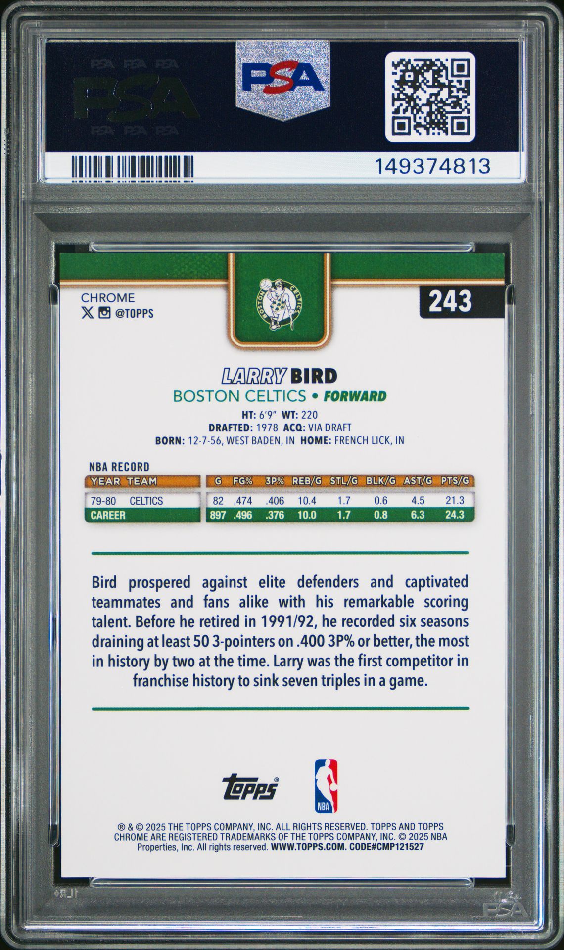 2025 Topps Chrome Larry Bird #243 (Gold Refractor) Nm 7 back