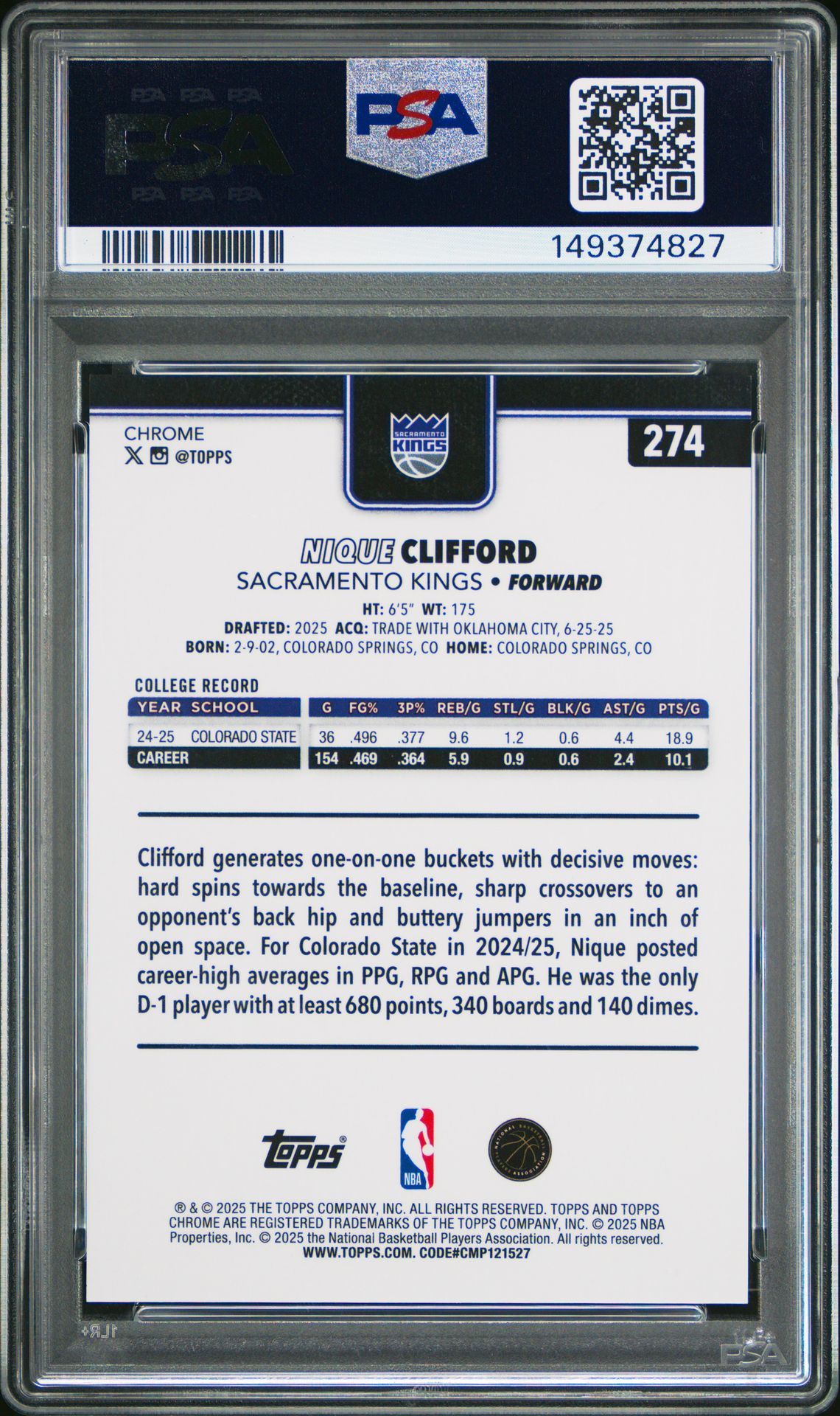 2025 Topps Chrome Nique Clifford #274 (Gold Refractor) Mint 9 back