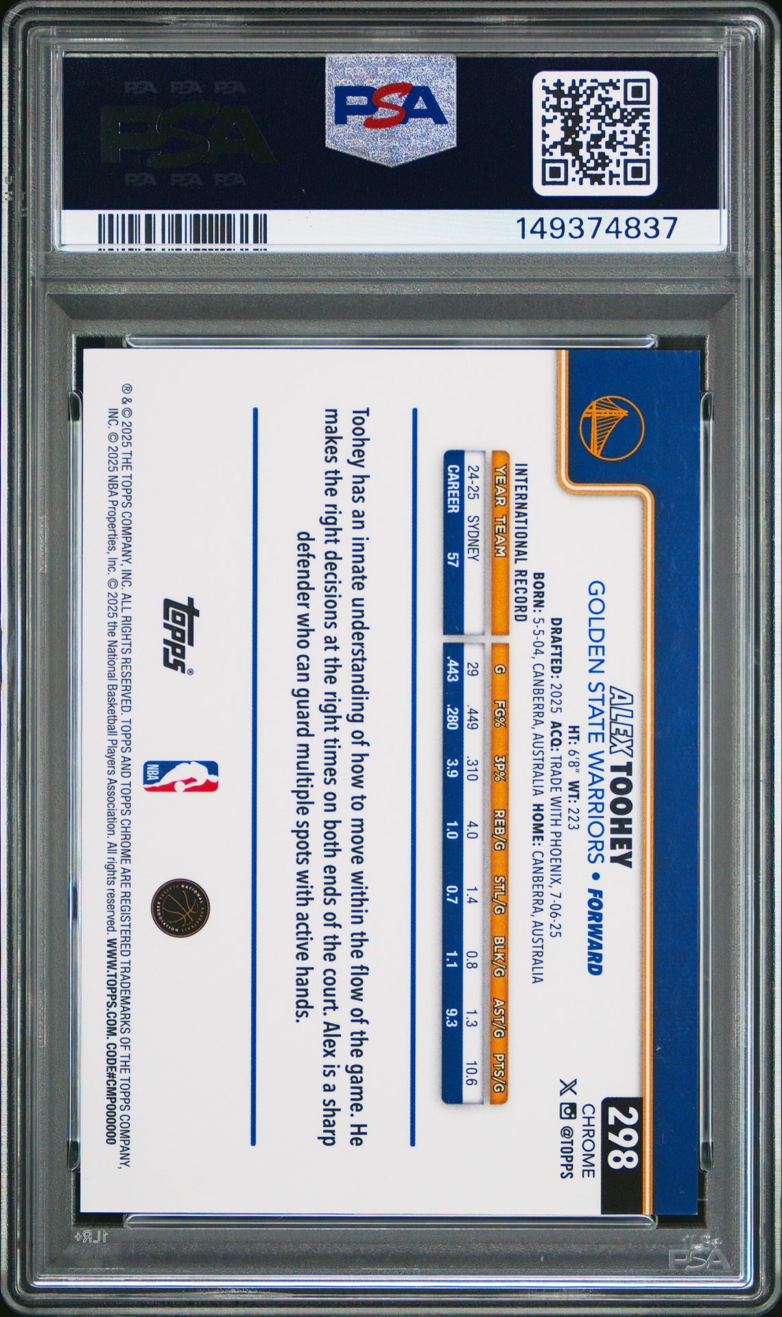 2025 Topps Chrome Alex Toohey #298 (Gold Refractor) Mint 9 back