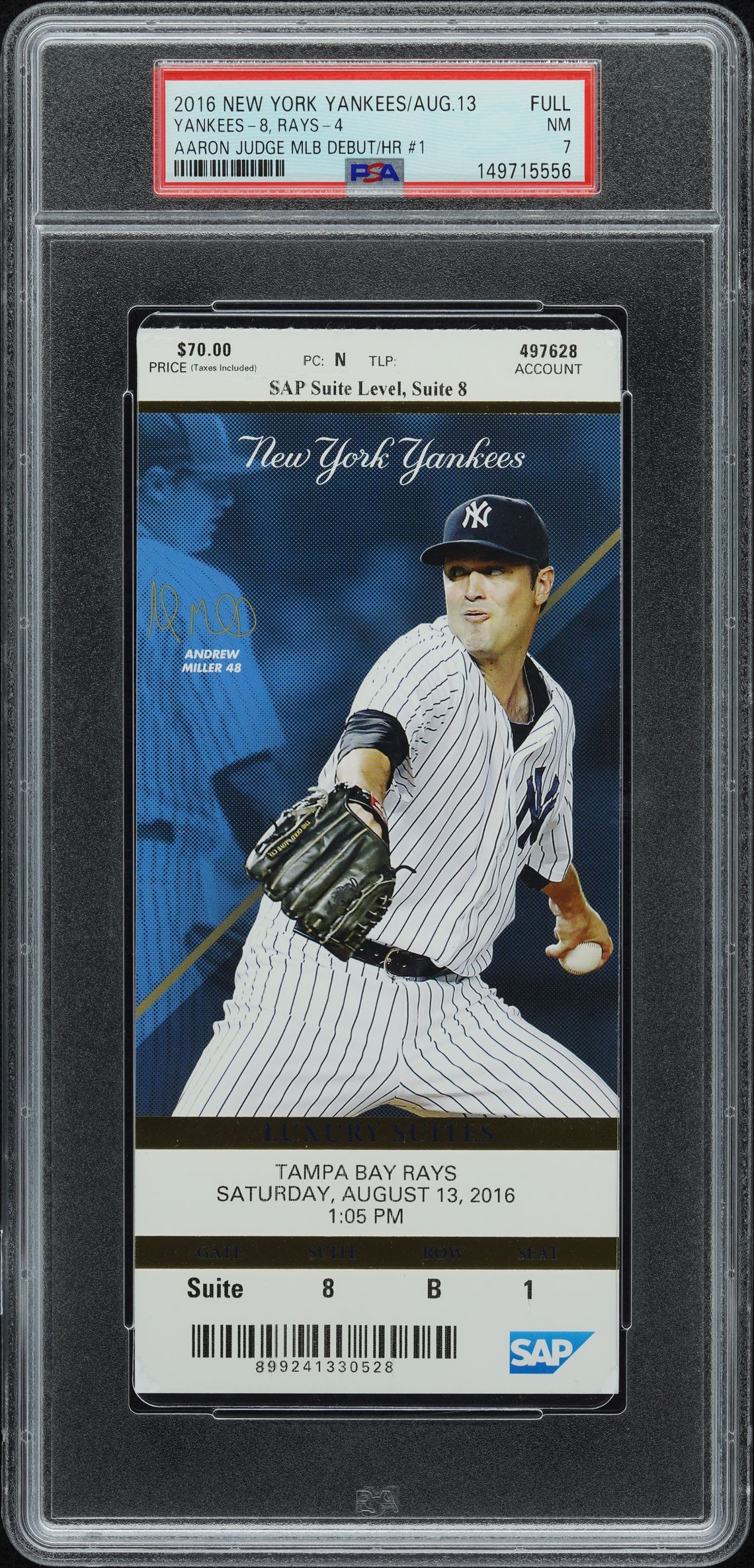 The most recent Aaron Judge debut ticket sale, cert 149715556 graded PSA NM 7, sold for $378.20 in May 2026