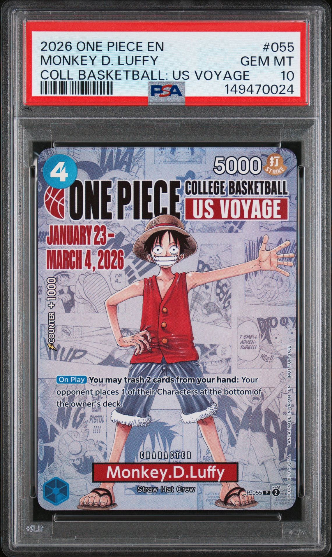 2026 One Piece Promos Monkey D. Luffy #055 (Coll Basketball: Us Voyage) Gem Mt 10 front