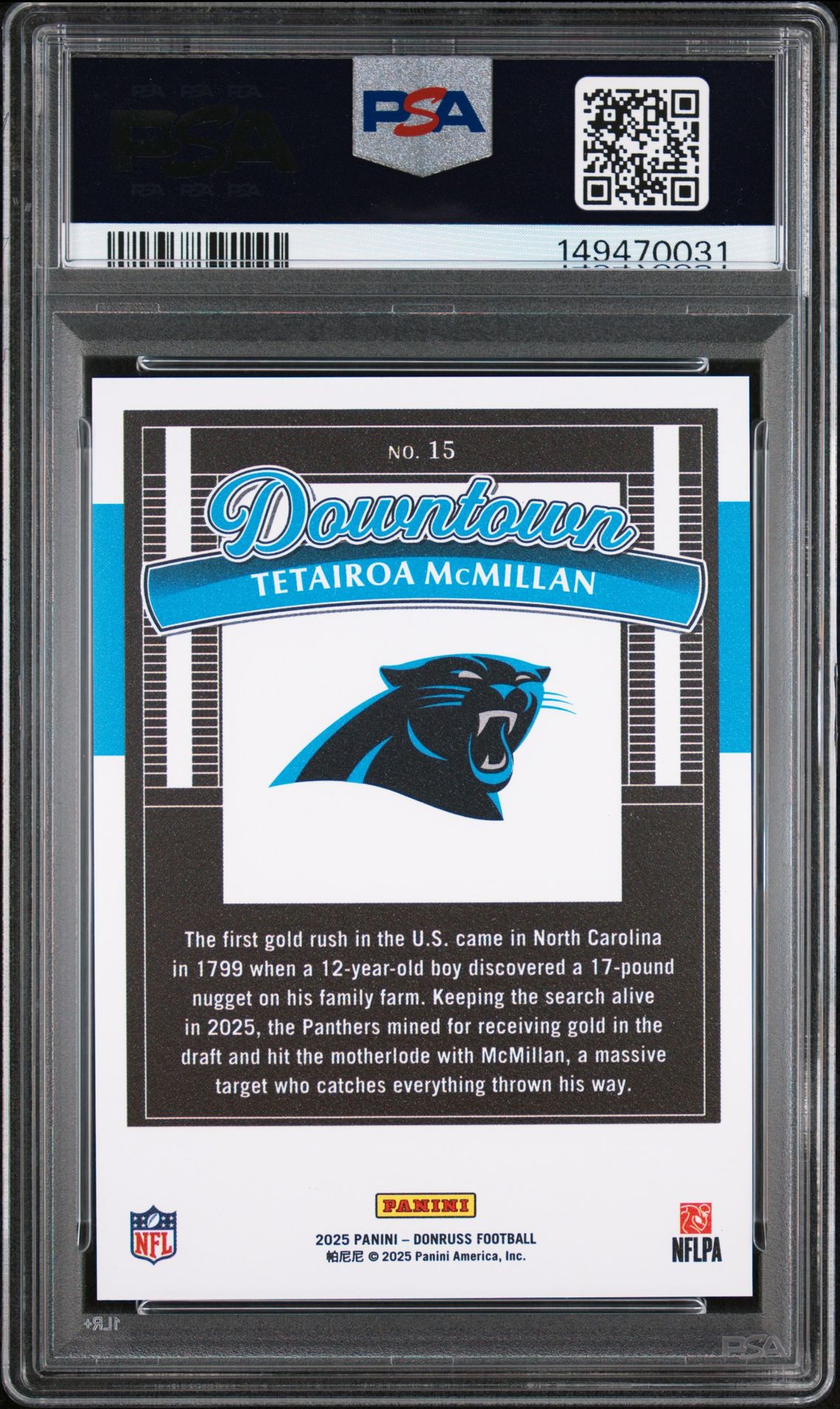 2025 Panini Donruss Downtown Tetairoa Mcmillan #15 Gem Mt 10 back view - PSA certificate #149470031