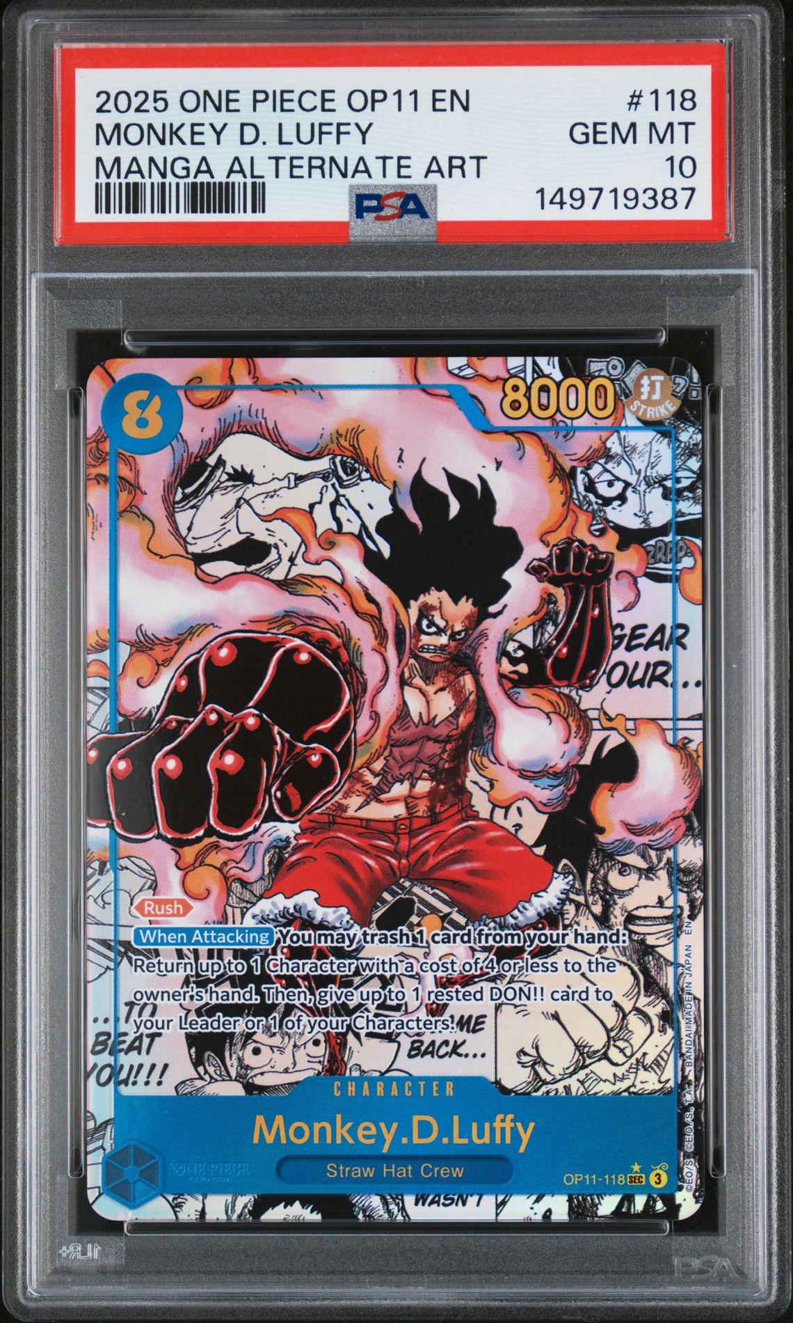 2025 One Piece Op11-A Fist Of Divine Speed Monkey D. Luffy #118 (Manga Alternate Art) Gem Mt 10 front