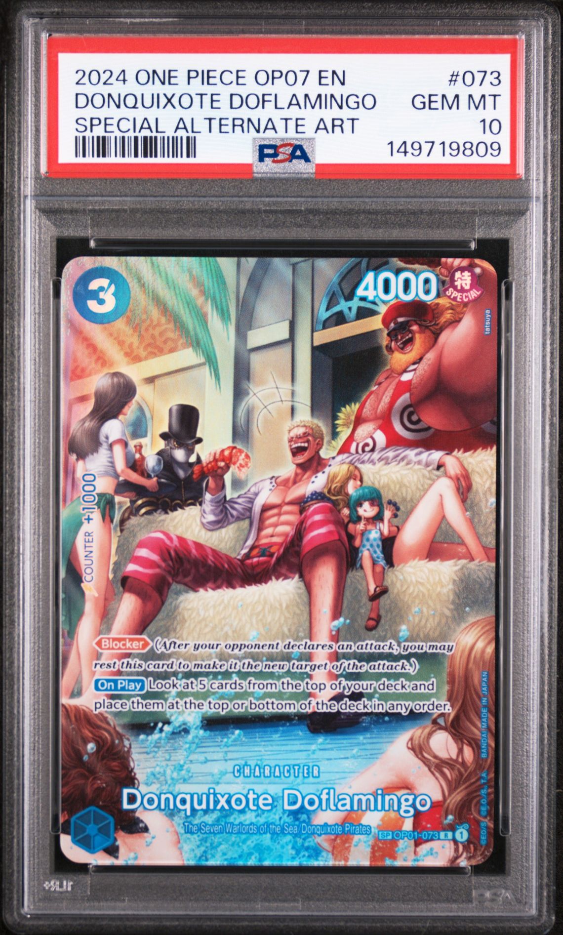 2024 One Piece Op07-500 Years In The Future Donquixote Doflamingo #073 (Special Alternate Art) Gem Mt 10 front