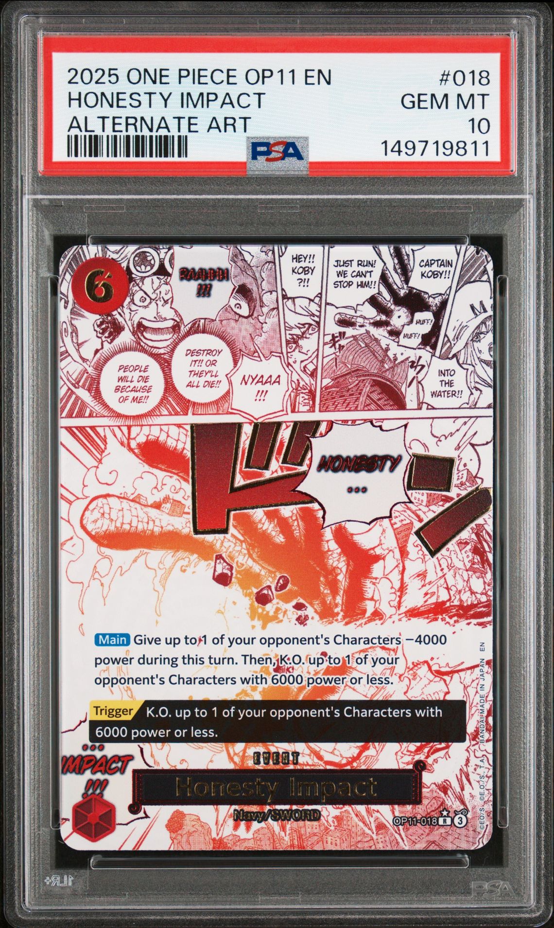 2025 One Piece Op11-A Fist Of Divine Speed Honesty Impact #018 (Alternate Art) Gem Mt 10 front view - PSA graded GEM MT 10