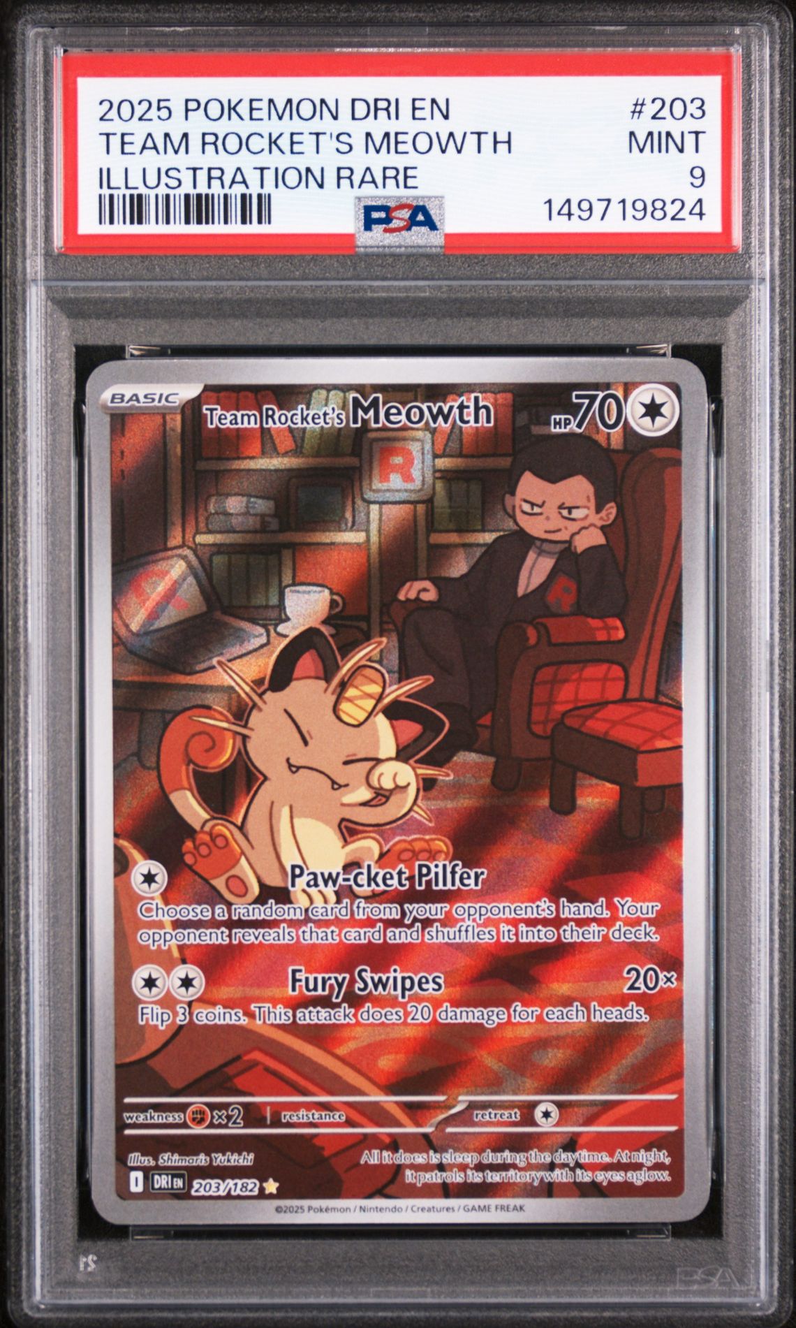 2025 Pokemon Dri En-Destined Rivals Team Rocket's Meowth #203 (Illustration Rare) Mint 9 front