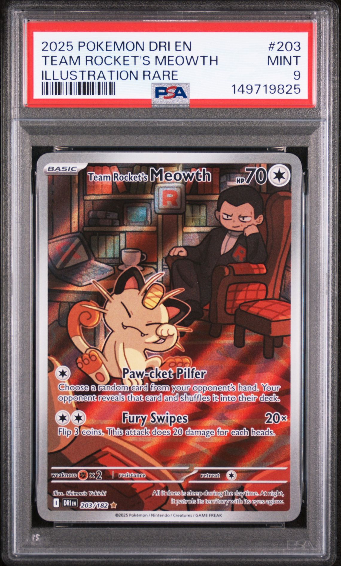 2025 Pokemon Dri En-Destined Rivals Team Rocket's Meowth #203 (Illustration Rare) Mint 9 front