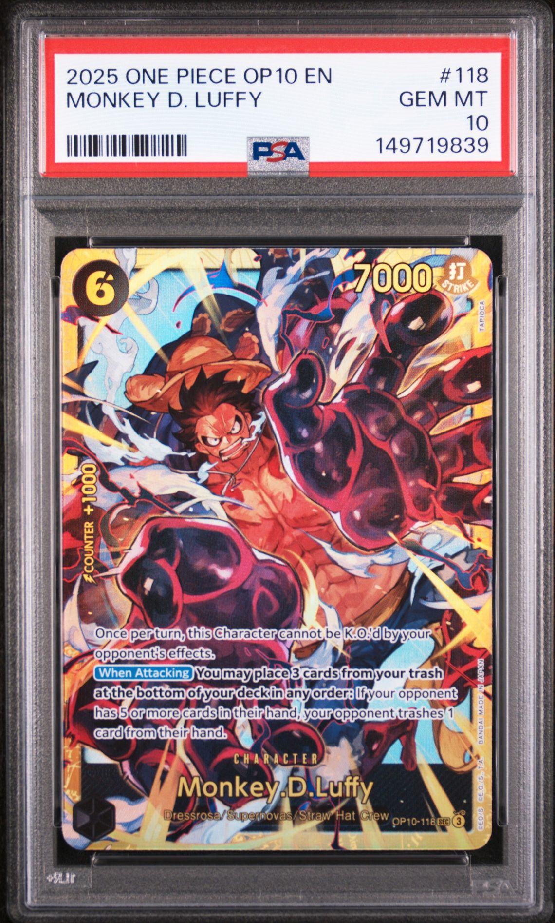 2025 One Piece Op10-Royal Blood Monkey D. Luffy #118 Gem Mt 10 front view - PSA graded GEM MT 10